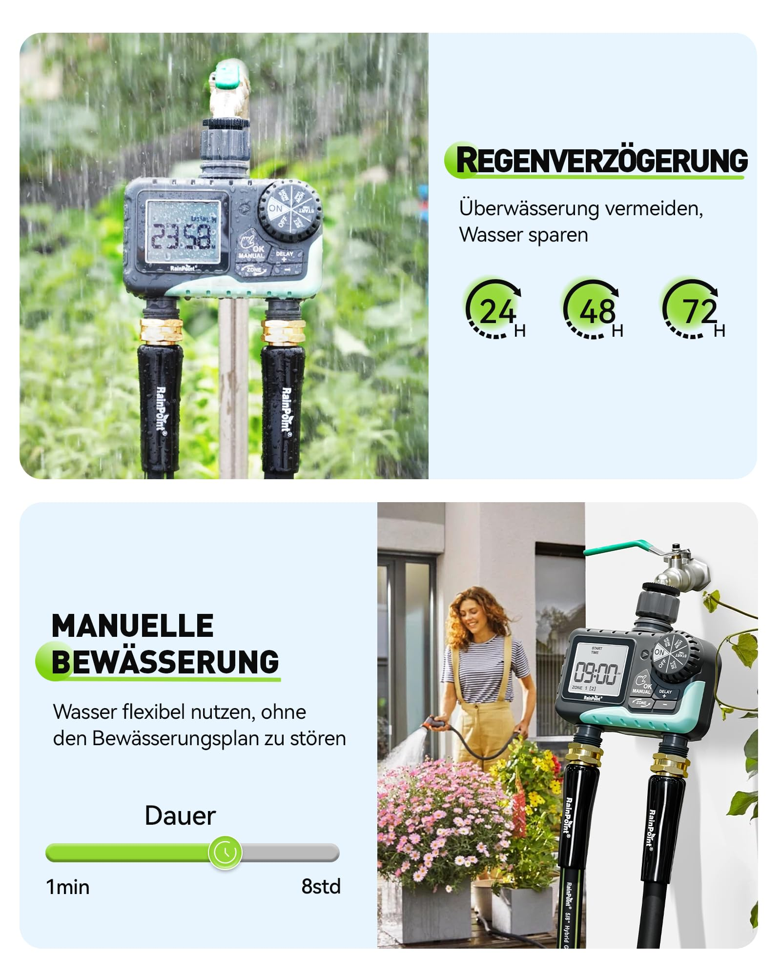 Ein digitaler Bewässerungscomputer mit Regenverzögerung und manueller Bewässerungsoption für den Garten.