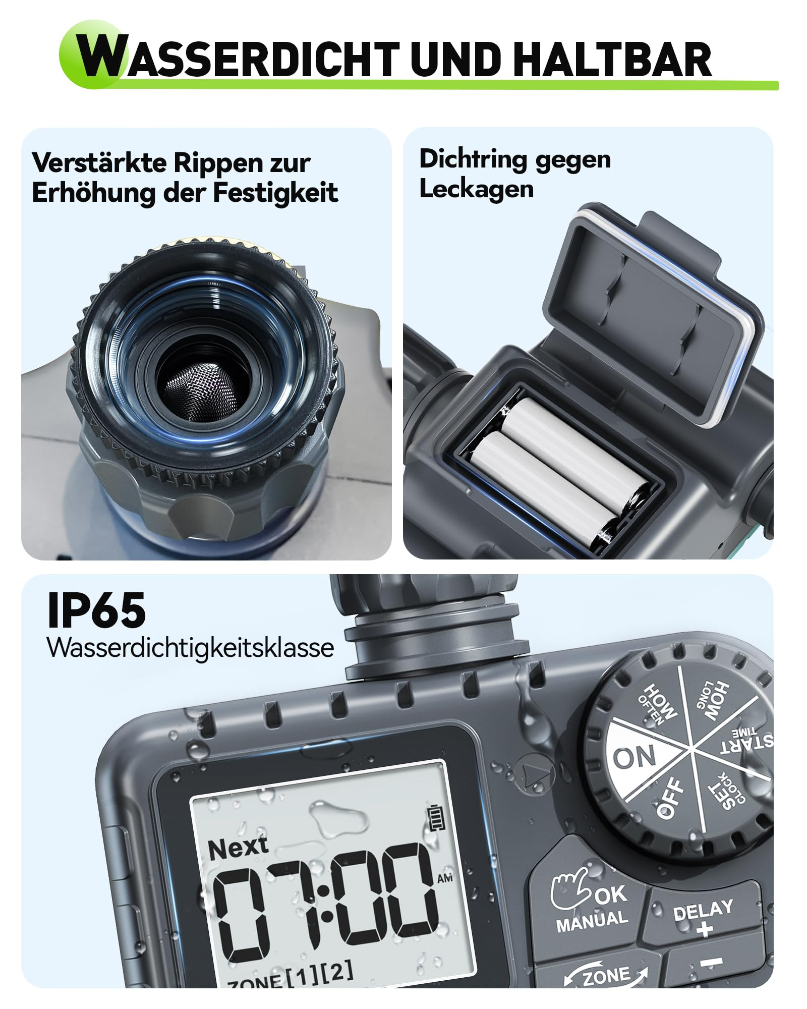 Wasserdichter, robuster automatischer Garten-Bewässerungscomputer mit digitalem Display und Batteriefach.