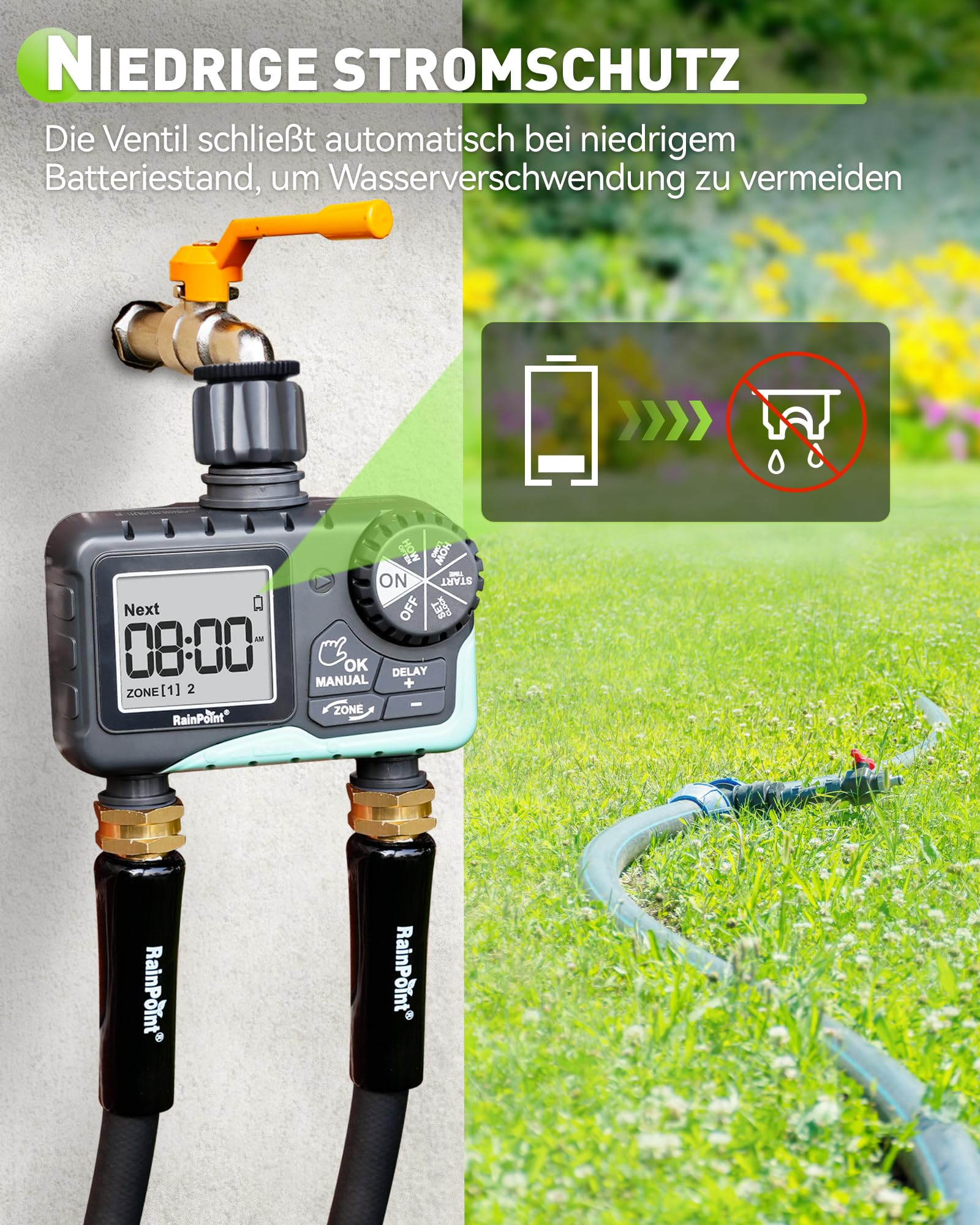 Ein digitaler Wasserhahn-Timer mit Display und Drehschalter an einer Wand montiert.