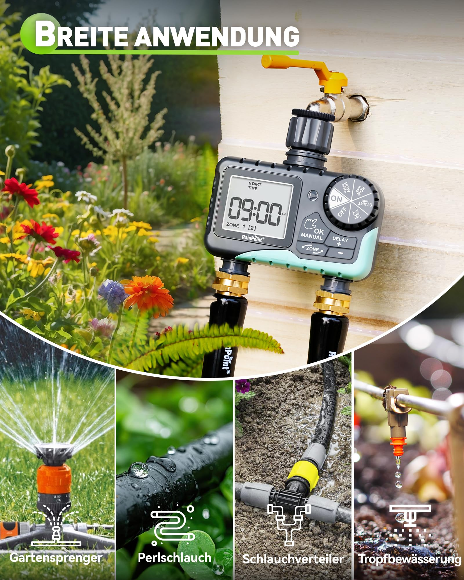Digitale Bewässerungsuhr an einem Wasserhahn mit vier Bildern von Gartenbewässerungssystemen.