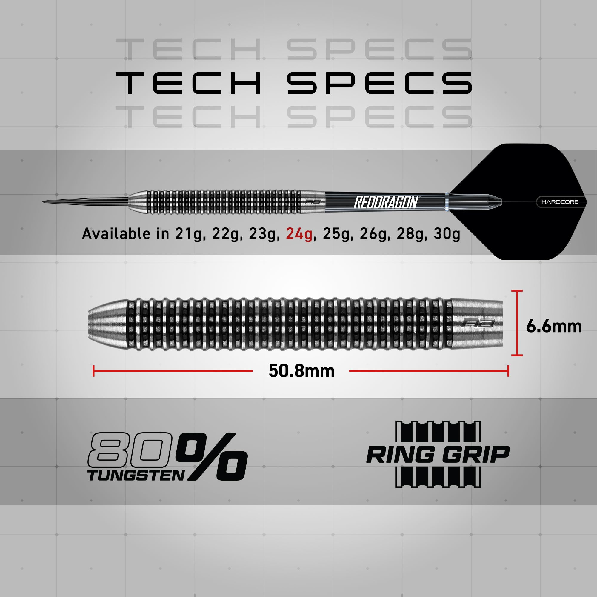 Technische Daten eines roten Drachen-Darts mit 80% Wolfram, 50,8 mm Länge und verschiedenen Gewichten.