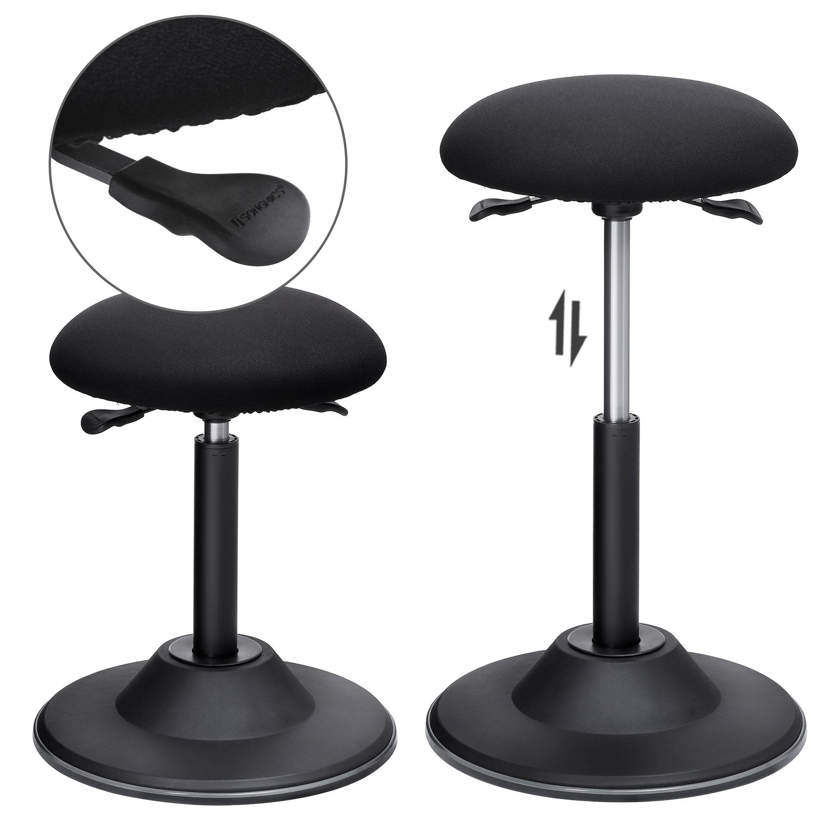 Tabouret debout noir réglable avec siège et base ronds, incluant un zoom sur le levier de réglage de hauteur.
