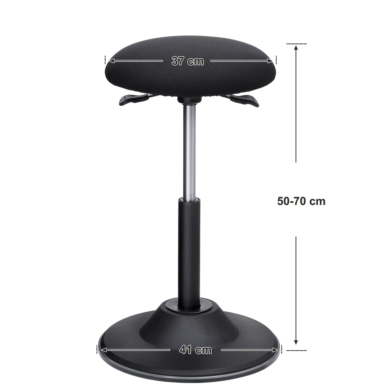Tabouret ergonomique noir avec pied en métal réglable en hauteur et dimensions, sur fond blanc.