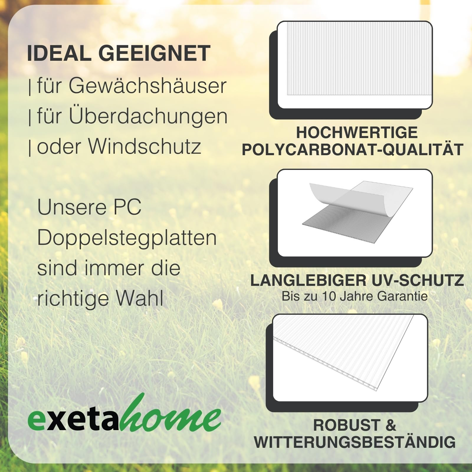 Publicité pour plaques en polycarbonate pour serres et toitures, avec protection UV et résistance aux intempéries.