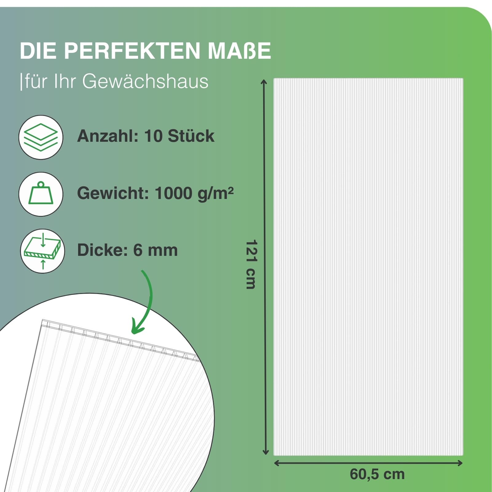Image infographique verte montrant les dimensions, l'épaisseur et le poids des panneaux de serre.