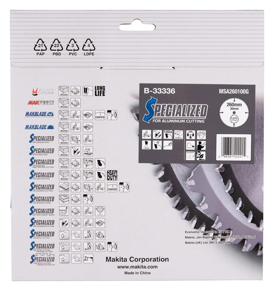 Verpackung eines Makita Sägeblatts mit vielen Produktsymbolen und technischen Details.