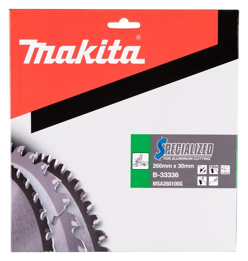Makita Sägeblattverpackung für Aluminium mit Produktspezifikationen.