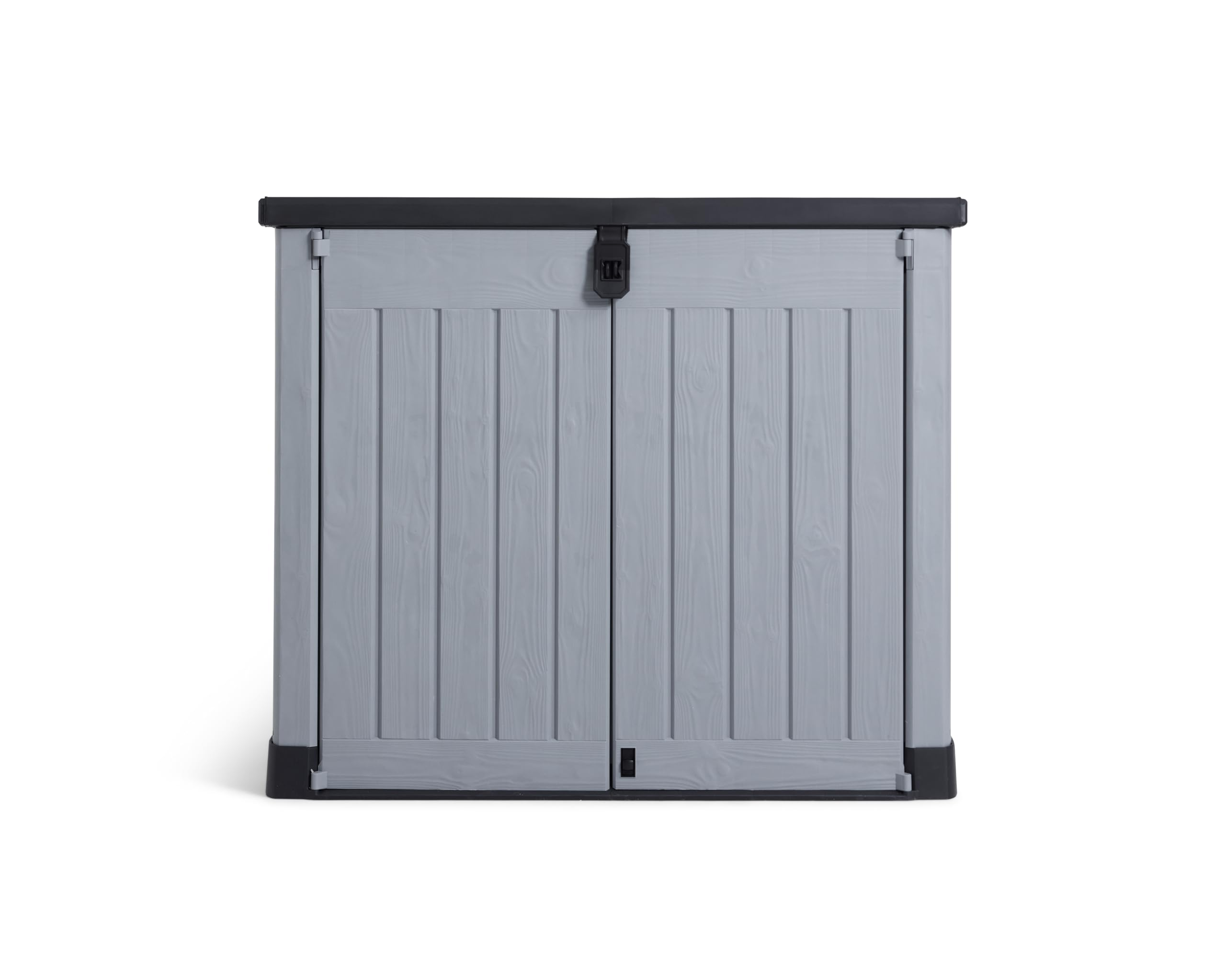 Grauer Kunststoff-Gartenschrank mit schwarzem Dach und Boden auf weißem Hintergrund.