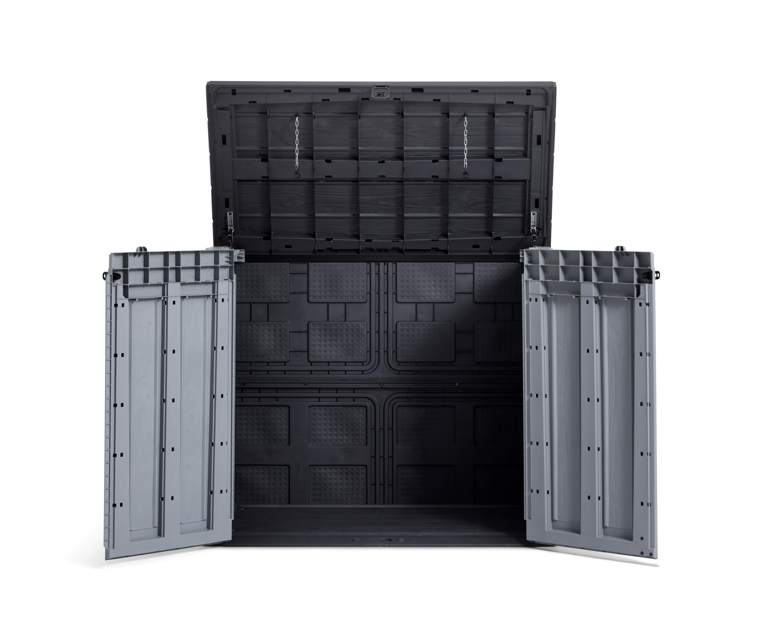 Schwarzer und grauer Kunststoff-Gartenschrank mit geöffneter Tür und Deckel auf weißem Hintergrund.