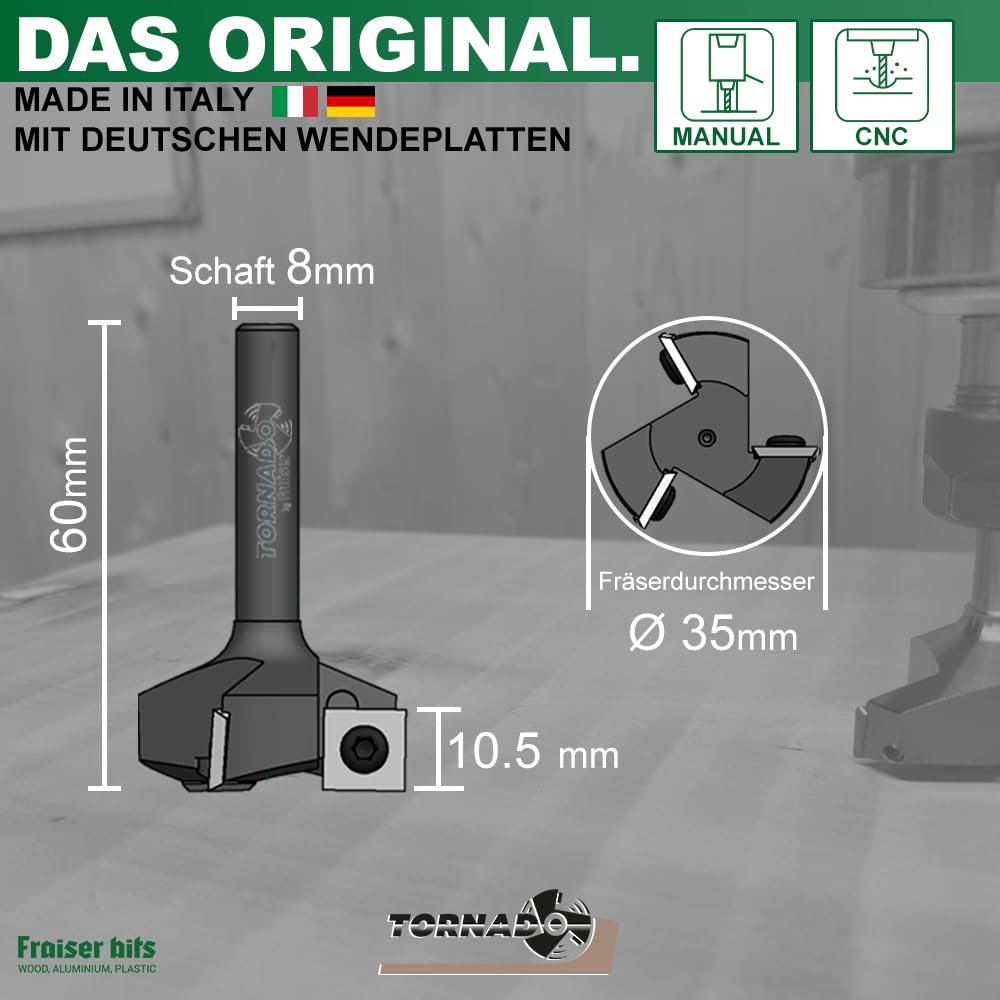 Technische Zeichnung eines Fräskopfs mit Maßangaben für Schaft, Durchmesser und Schnitthöhe.