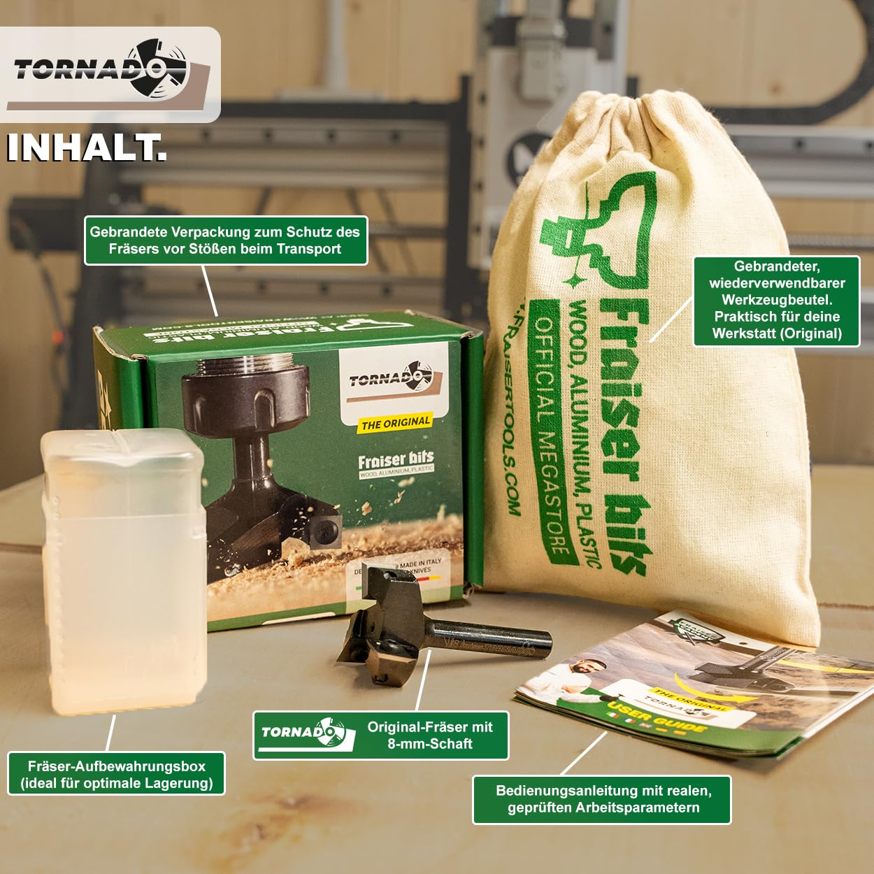 Fräser-Set mit Box, Beutel, Fräser und Handbuch auf Holztisch.