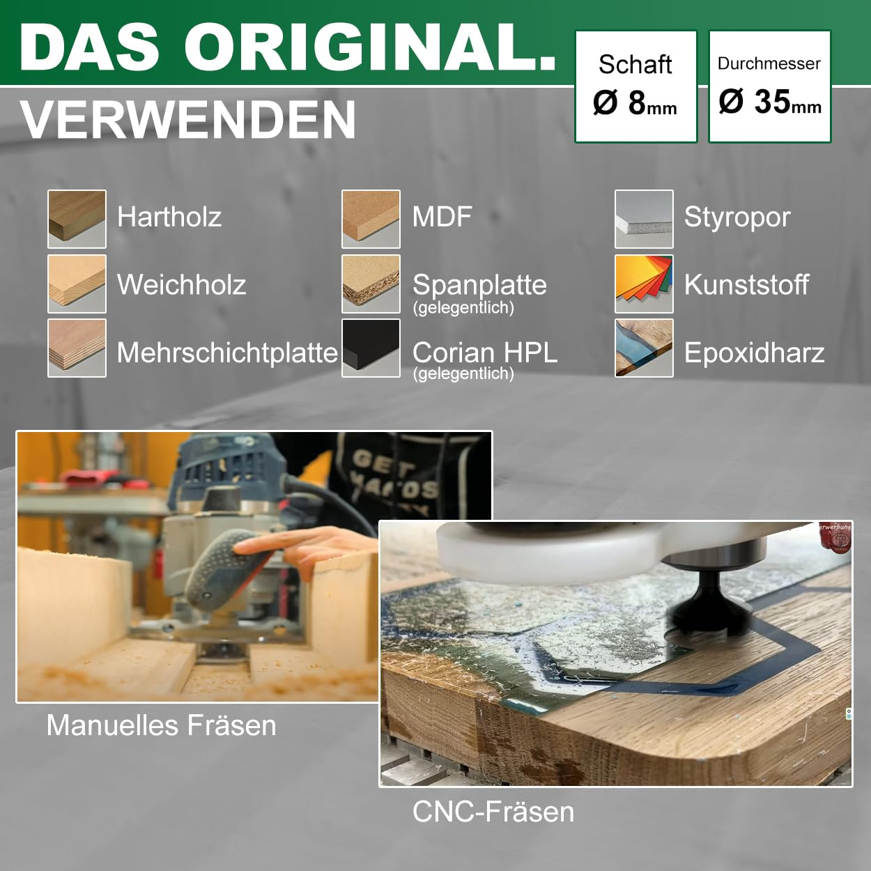 Übersicht zu verwendenden Materialien und Fräsmethoden für eine Oberfräse mit 8 mm Schaft und 35 mm Durchmesser.