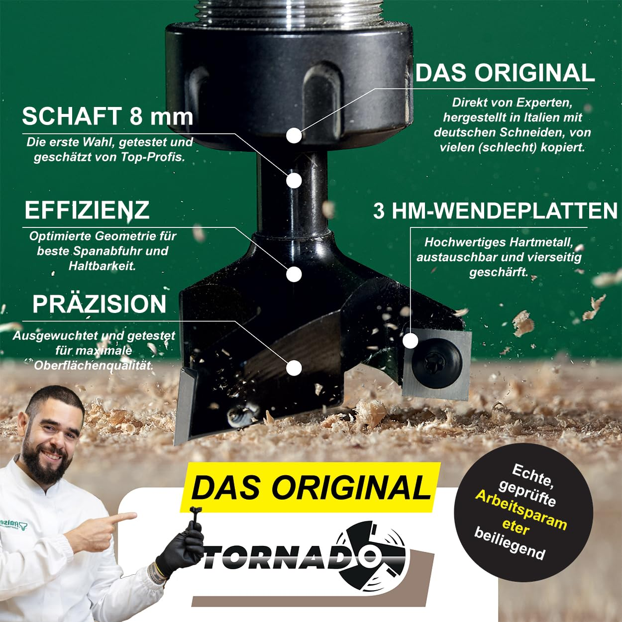 Ein schwarzer Tornado-Fräser mit 8mm Schaft und 3 HM-Wendeplatten, gezeigt mit Handwerker und Spänen.