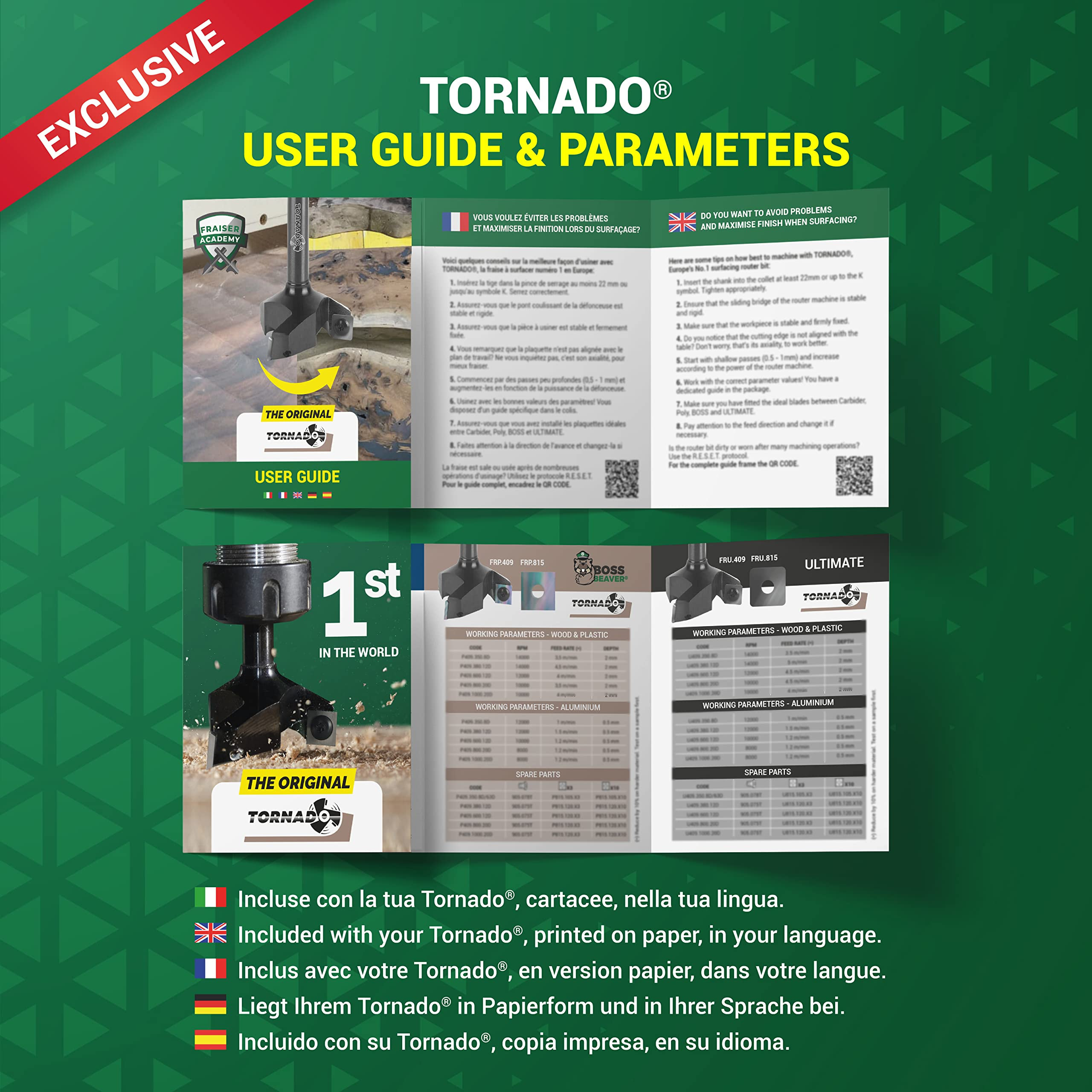 Tornado-Router-Bit-Benutzerhandbuch mit Parametern, Tipps und mehrsprachigen Anweisungen auf grünem Hintergrund.