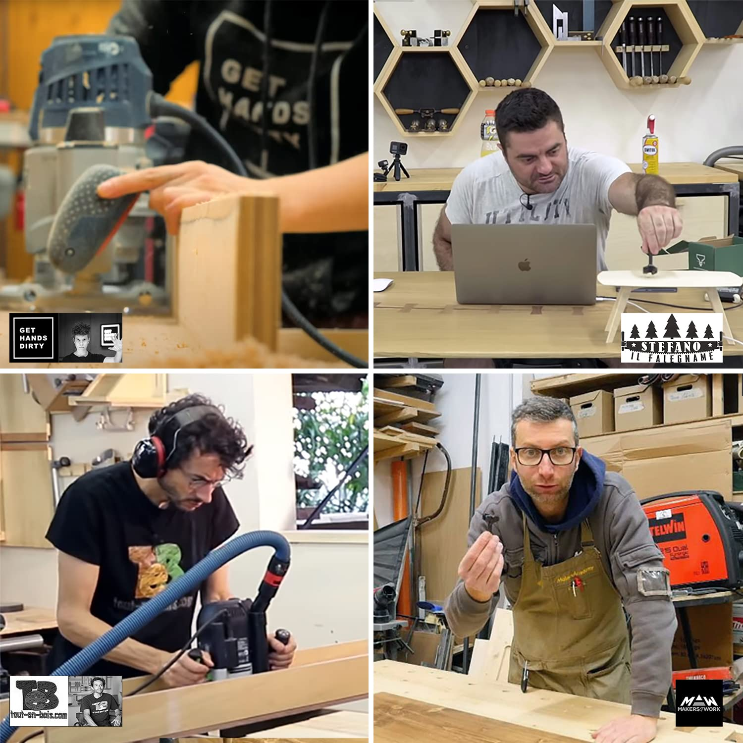 Vier Handwerker bei der Holzarbeit mit Fräsen, Laptops und Werkzeugen in ihren Werkstätten.