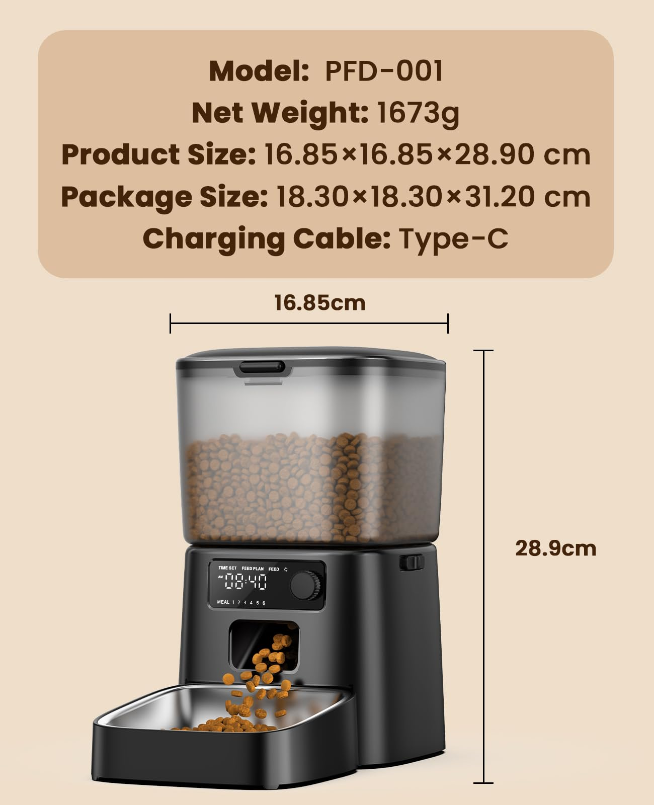 Una mangiatoia automatica nera con dimensioni, un serbatoio e una ciotola in acciaio inox.