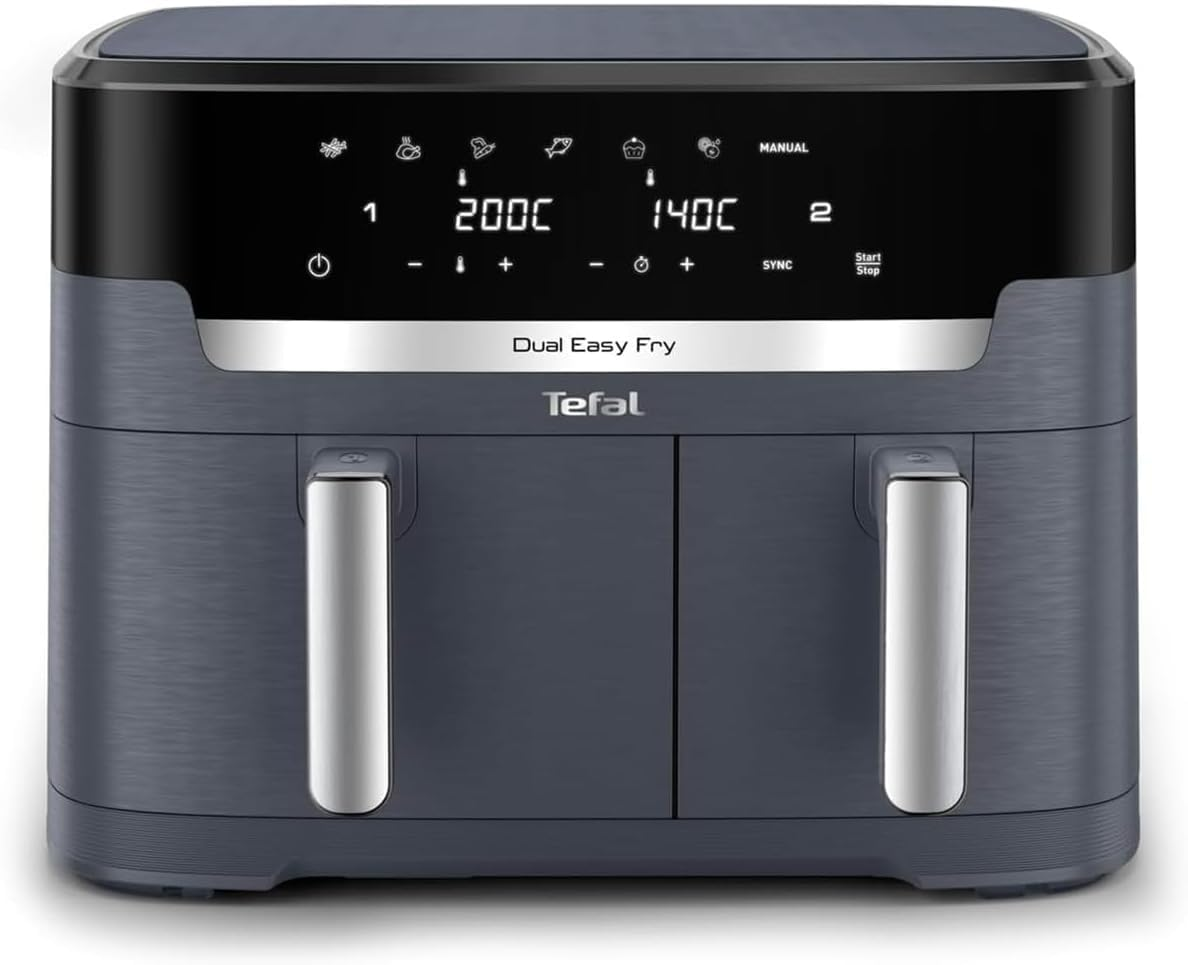 Friteuse sans huile Tefal Dual Easy Fry gris foncé avec deux compartiments et écran numérique.