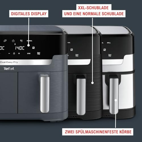 Trois friteuses sans huile Tefal avec écran numérique et deux tiroirs sur fond sombre.