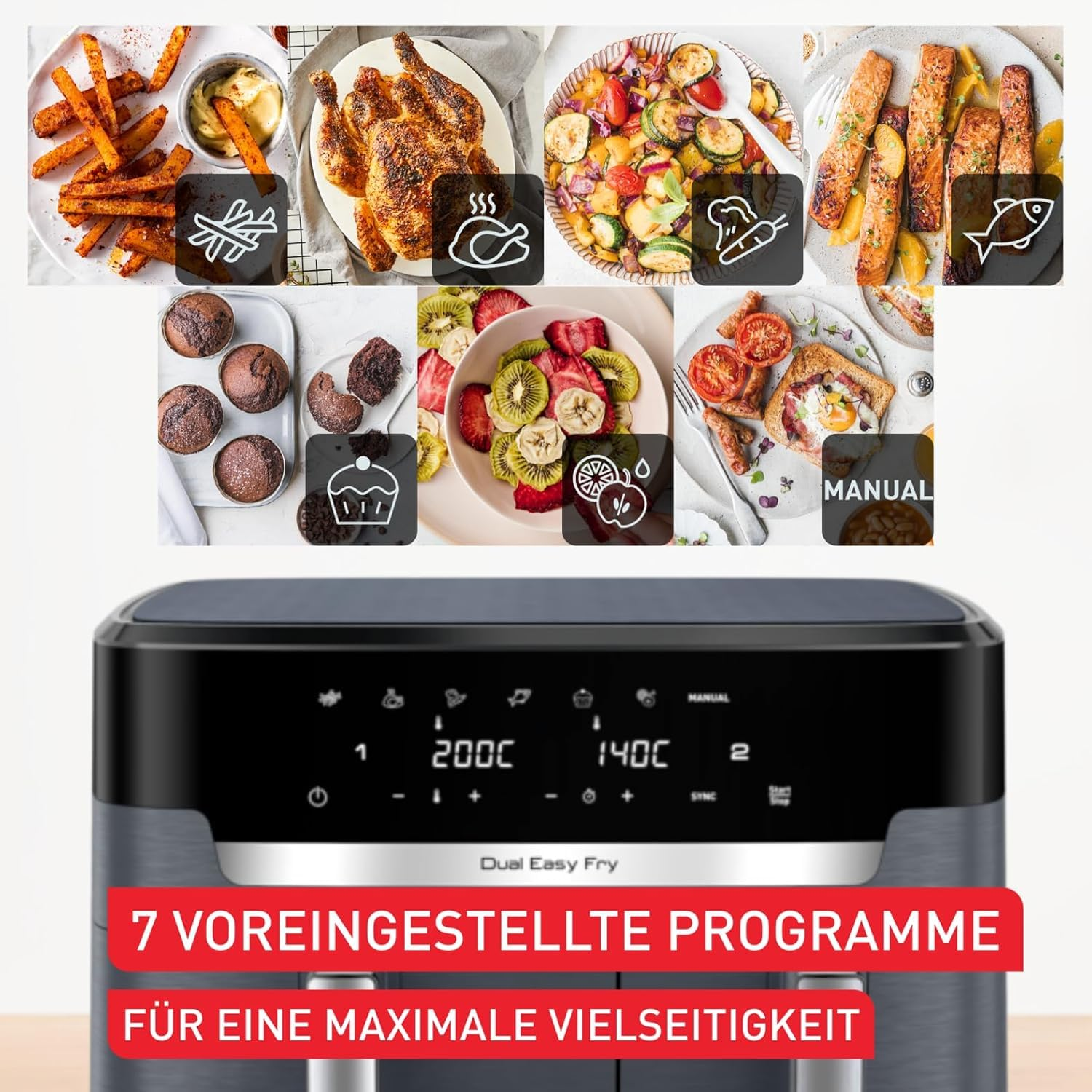 Friteuse sans huile Dual Easy Fry avec 7 programmes préréglés et divers aliments.