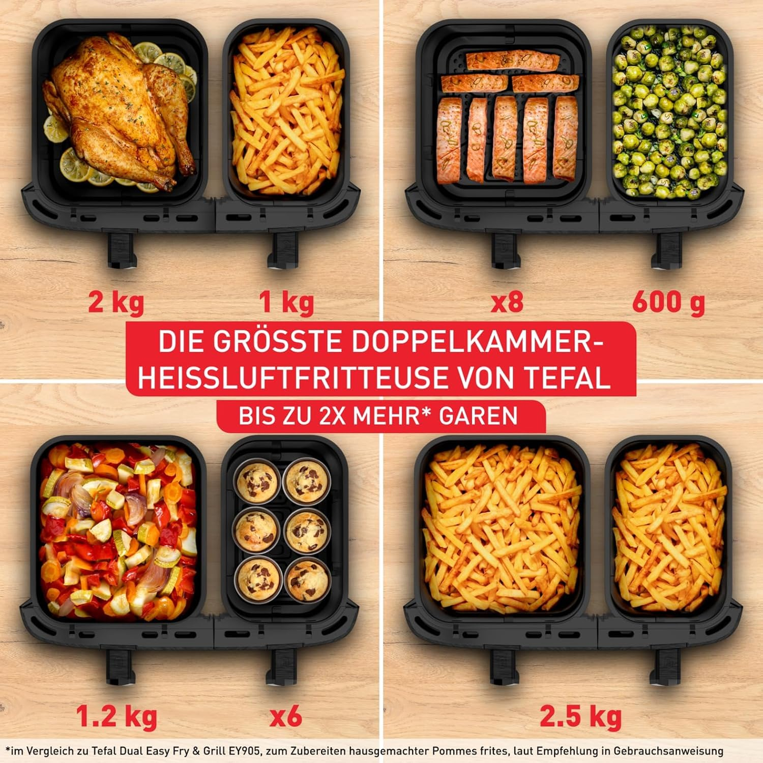 Friteuse à air double Tefal montrant divers aliments comme du poulet, des frites et des légumes sur du bois.