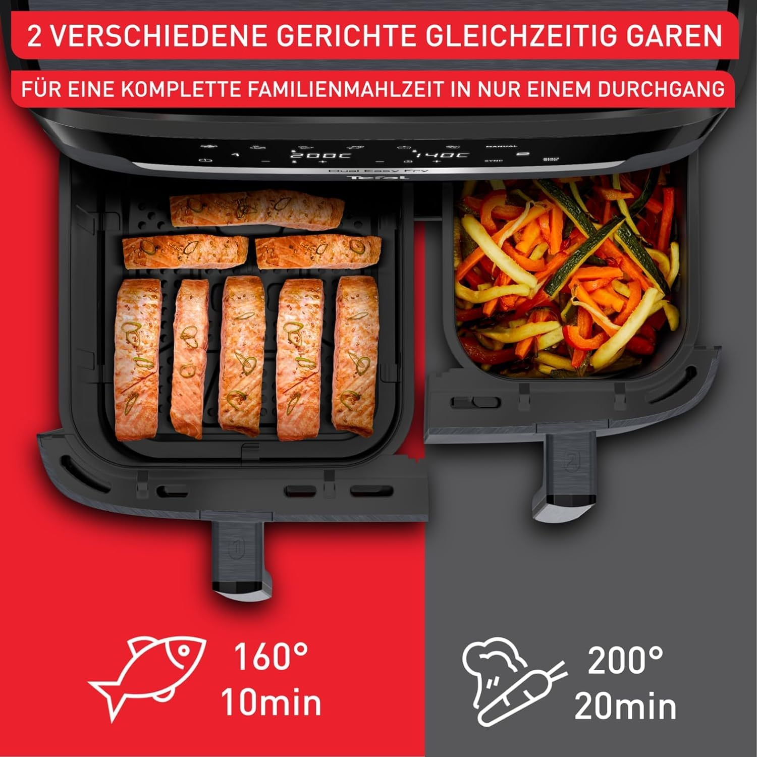 Friteuse à air double cuisant du poisson à 160°C et des légumes à 200°C.