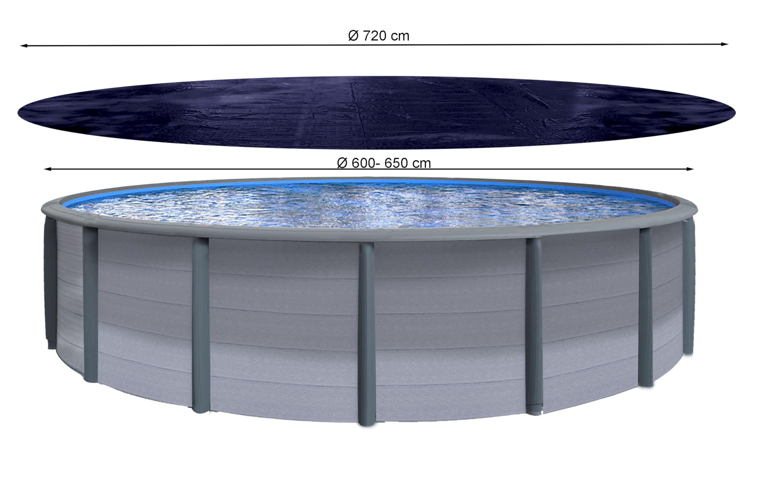 Piscine hors-sol ronde grise avec eau bleue, diamètre 600-650 cm, et bâche noire de 720 cm au-dessus.