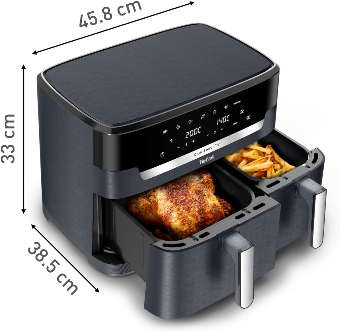 Friteuse sans huile Tefal noire à double panier avec poulet entier et frites, montrant les dimensions.
