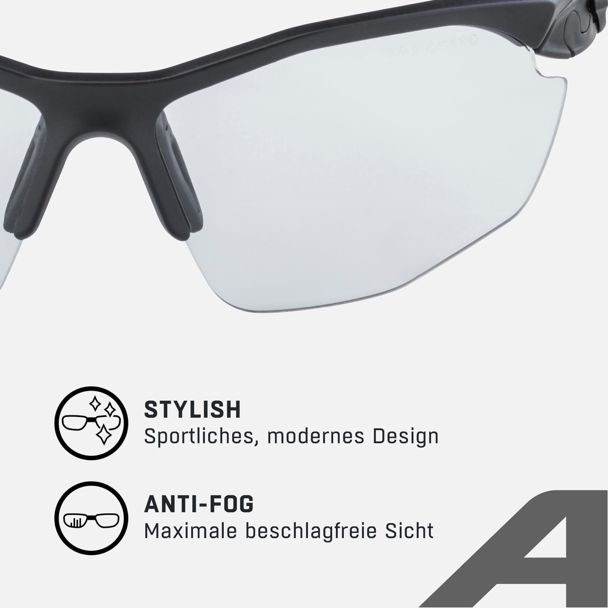 Primo piano di occhiali sportivi con testo STYLISH e ANTI-FOG.