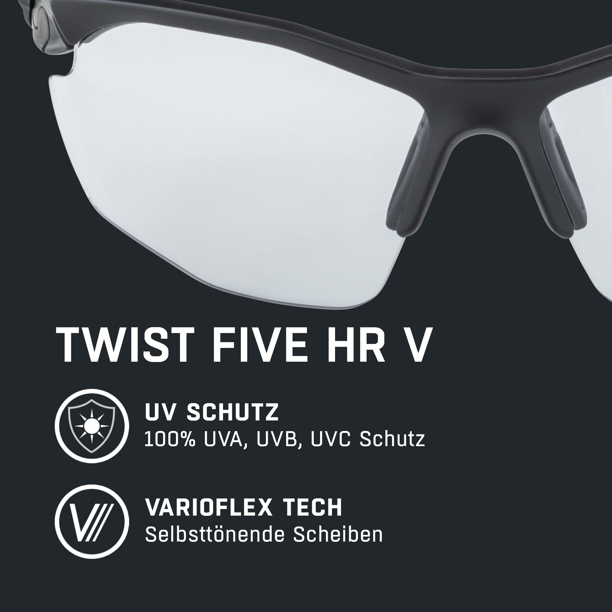 Occhiali sportivi neri Twist Five HR V con protezione UV e tecnologia Varioflex su sfondo scuro.
