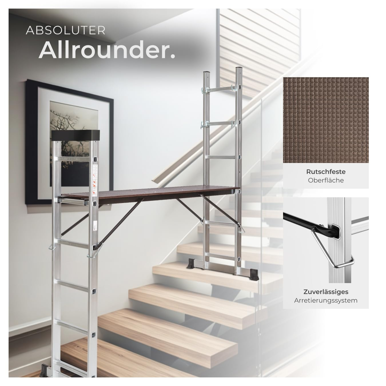 Ein Mehrzweck-Aluleiter-Gerüst über Treppen, mit Detailaufnahmen der Oberfläche und Verriegelung.