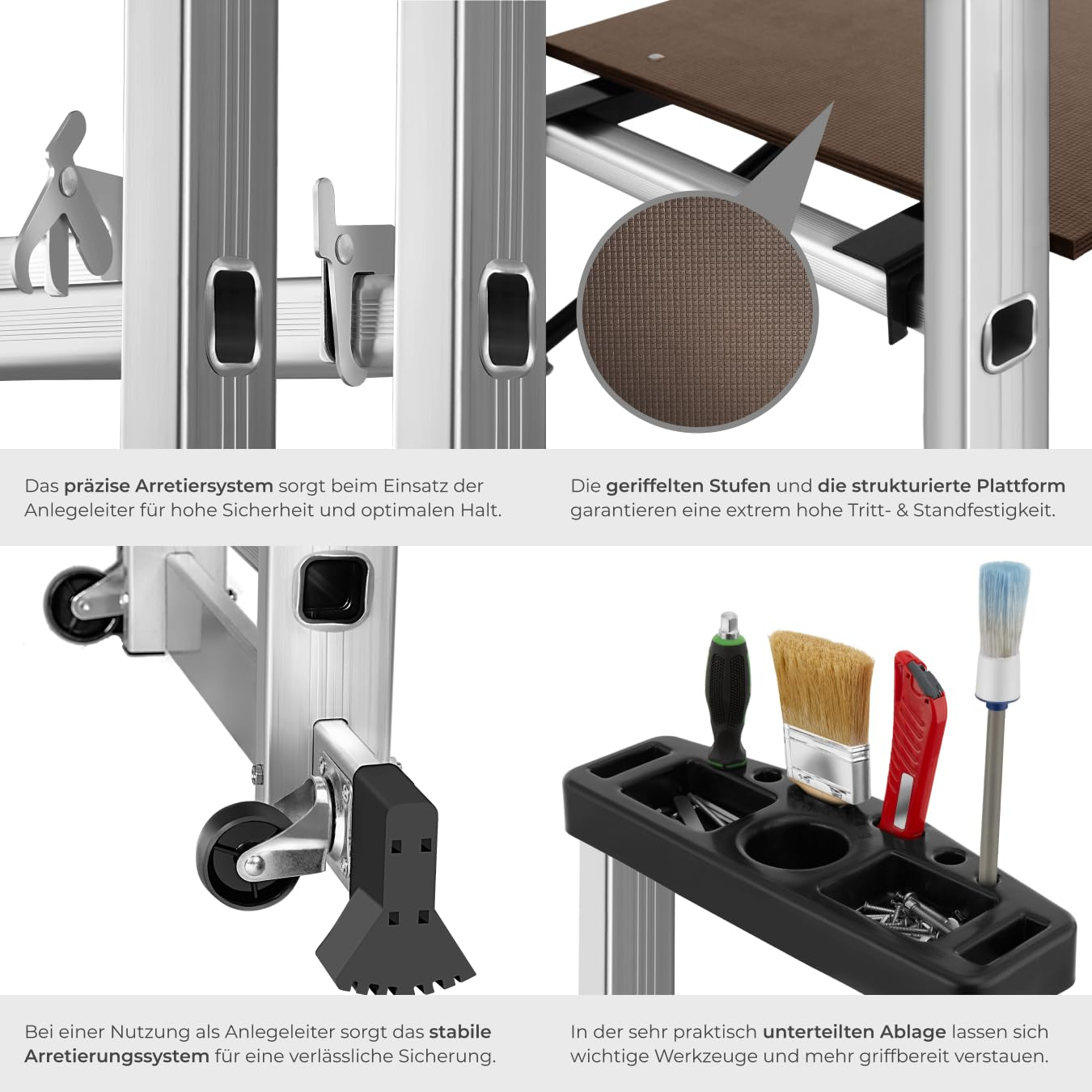 Vier Detailbilder zeigen Aluminium-Leiternteile, Verriegelung, strukturierte Plattform, Rollen und Werkzeugablage.