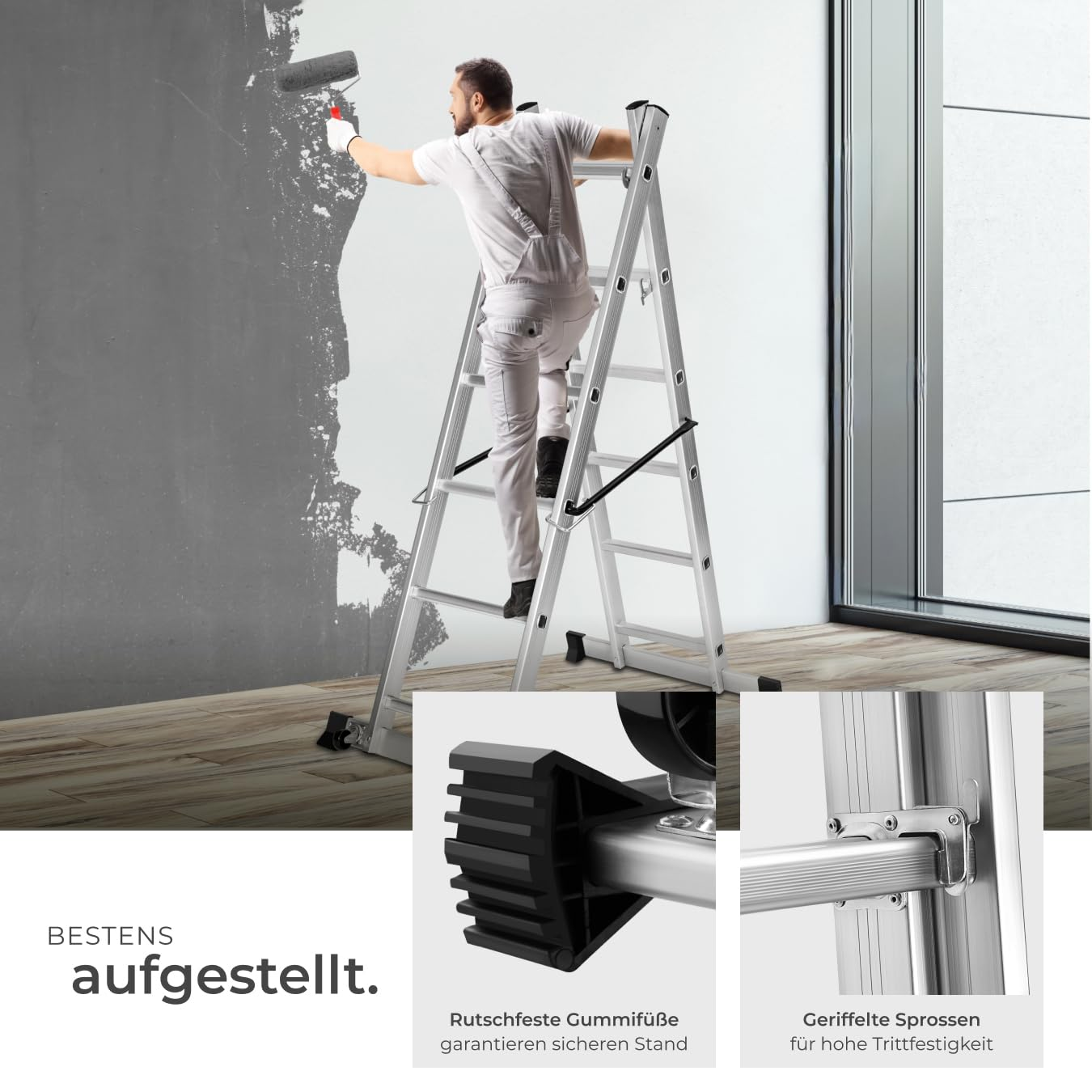 Ein Maler auf einer Aluleiter streicht eine Wand. Zwei Ausschnitte zeigen gummierte Füße und geriffelte Sprossen.