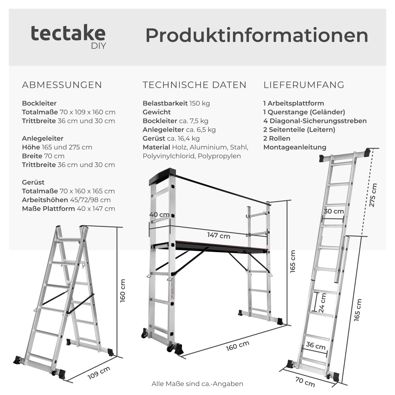Technische Daten und Maße eines Tectake Aluminium-Gerüsts und einer Mehrzweckleiter mit Angaben zu Gewicht und Inhalt.