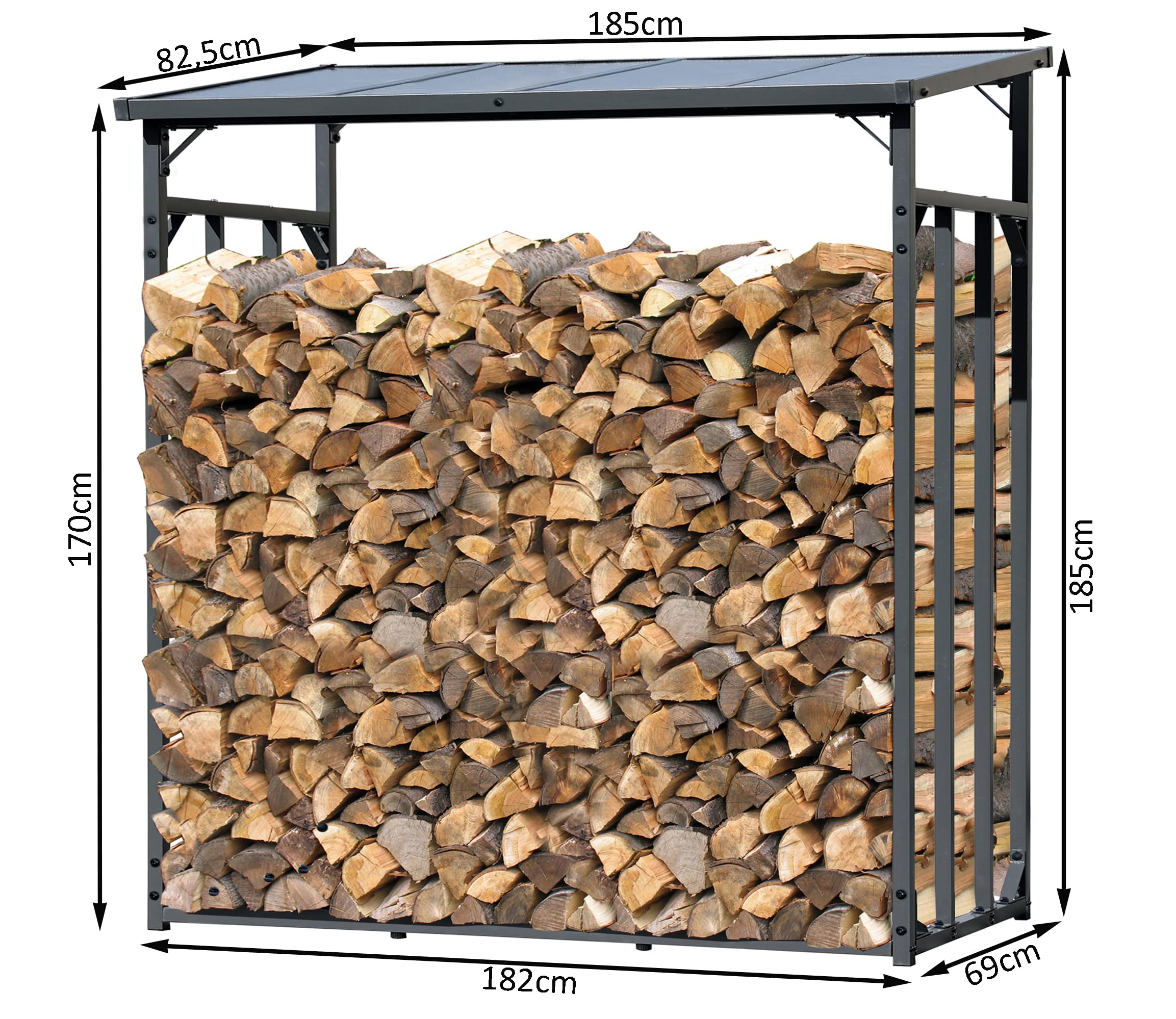 Abri à bois noir avec toit métallique, rempli de bois fendu, avec dimensions.