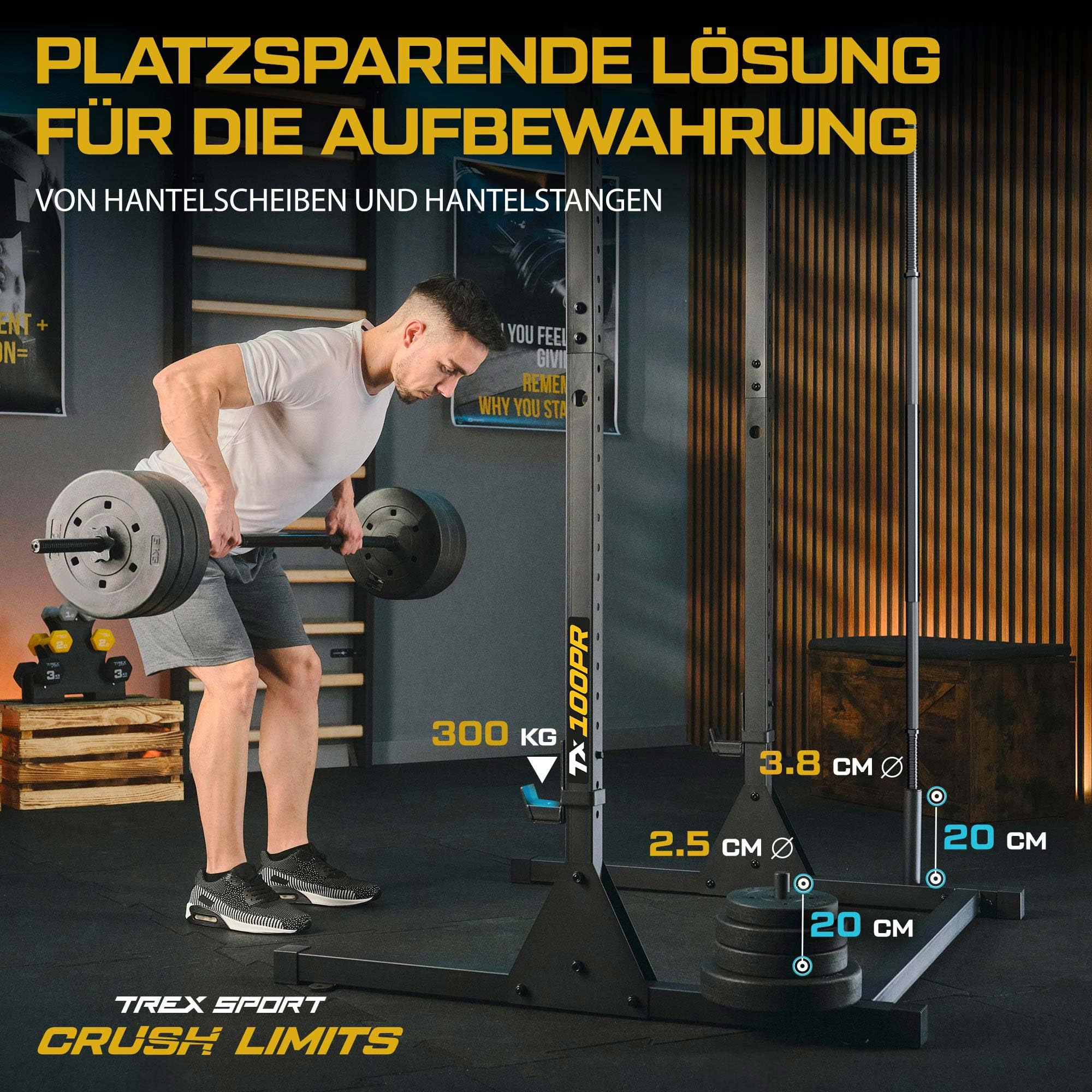 Ein Mann hebt Hanteln in einem Fitnessstudio mit Sportgeräten und Textgrafiken.