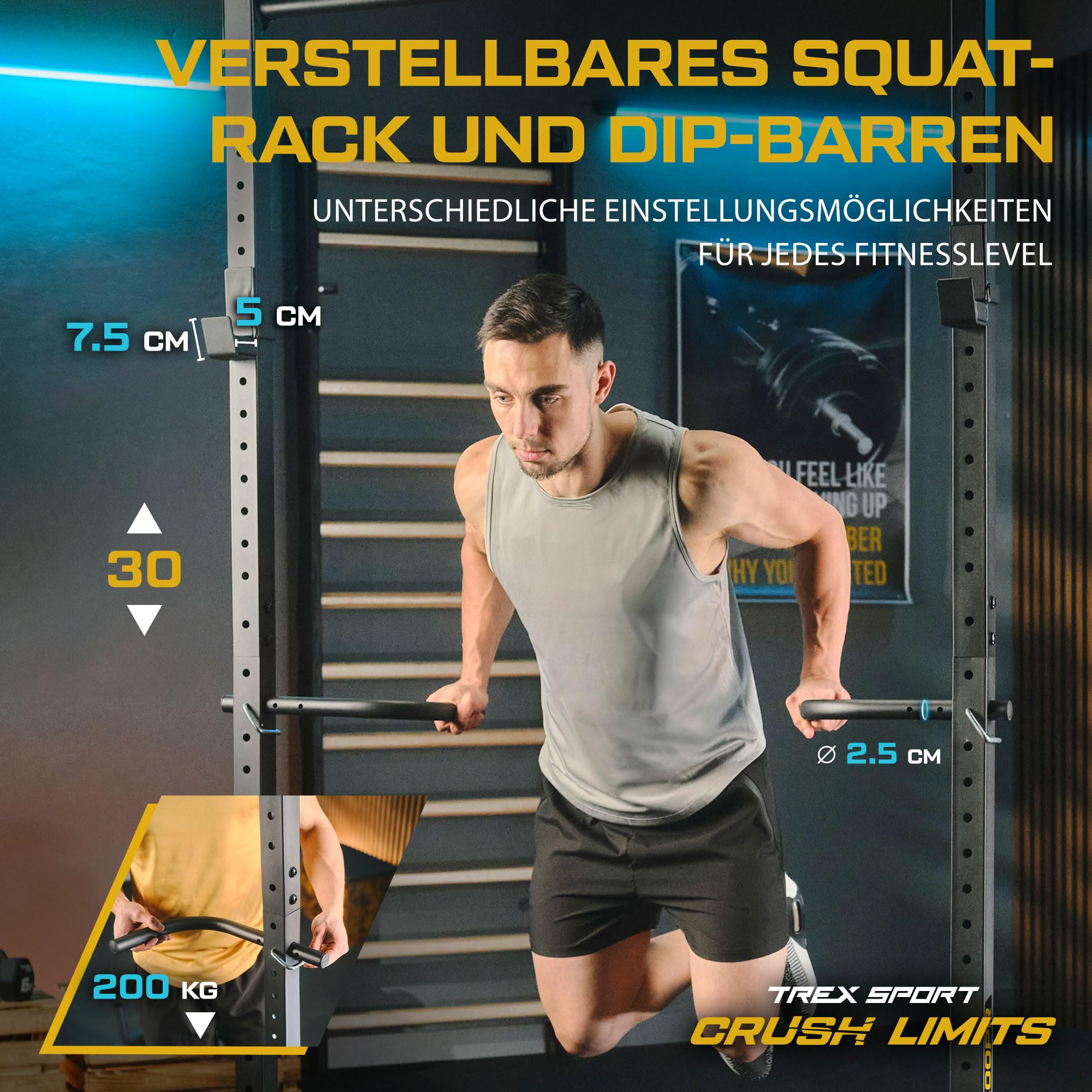 Ein Mann macht Dips an einem verstellbaren Squat-Rack und Dip-Barren mit Maßangaben.