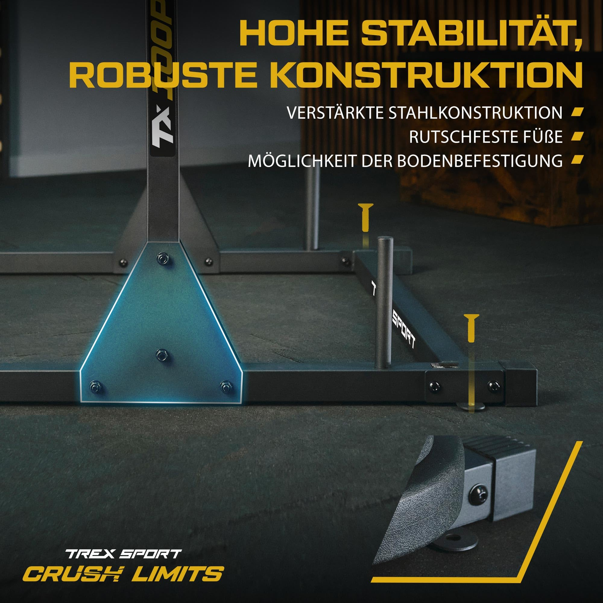 Stabiler Fitnessrahmen aus Stahl mit verstärkten Ecken und rutschfesten Füßen auf dunklem Boden.