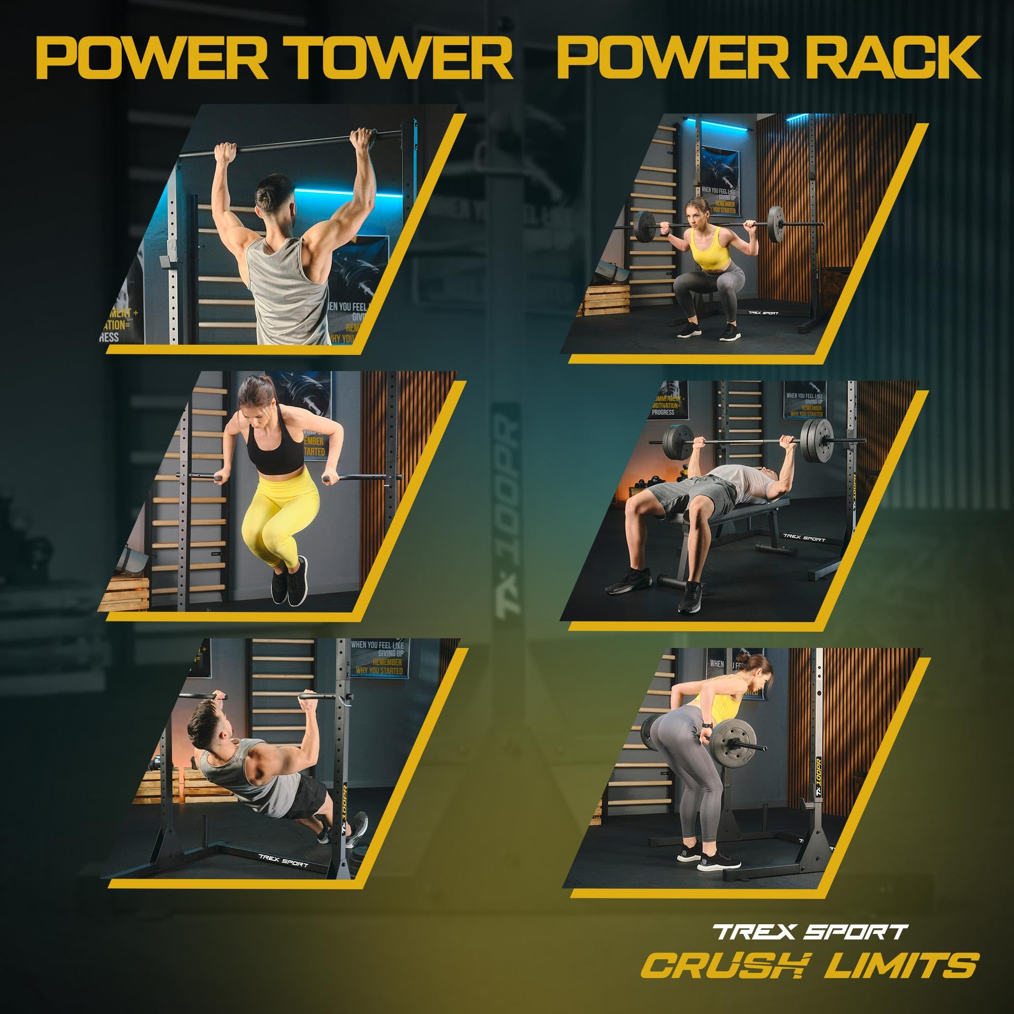 Fitness-Kollage zeigt Personen bei Übungen mit Power Tower und Power Rack im Fitnessstudio.