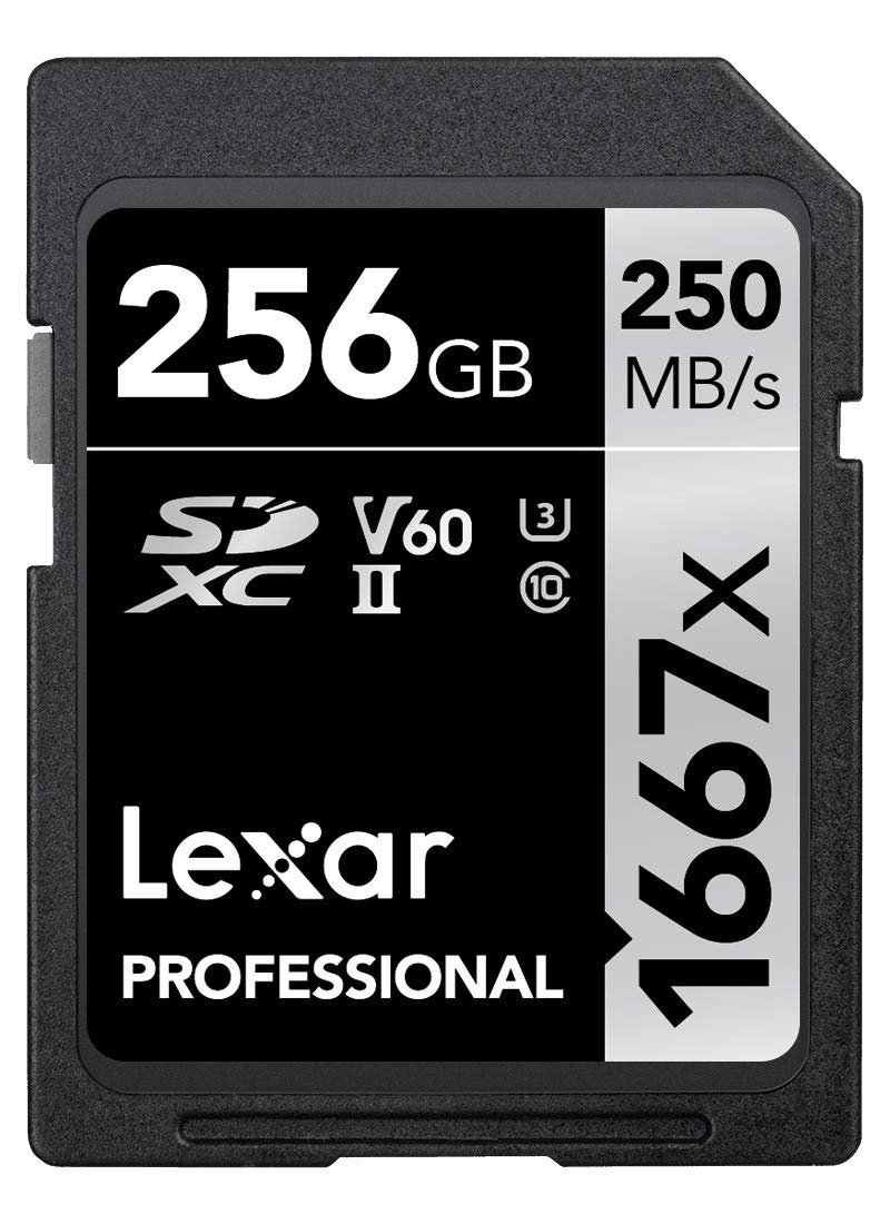 Une carte mémoire Lexar Professional 256GB SDXC II avec des vitesses allant jusqu'à 250 Mo/s.