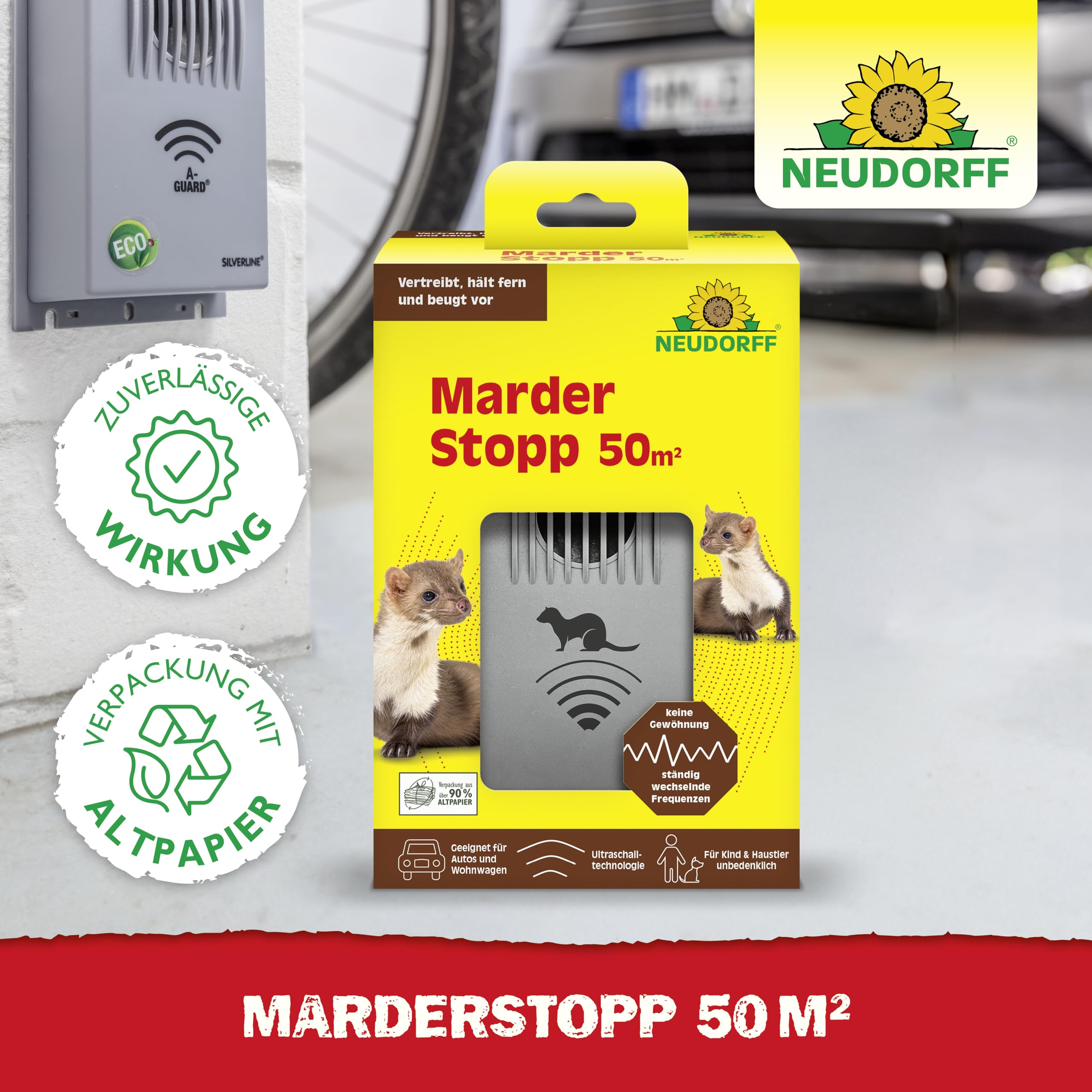 Une boîte de produit Neudorff Marder Stopp 50m2 à l'extérieur avec un dispositif anti-martre sur un mur en briques.