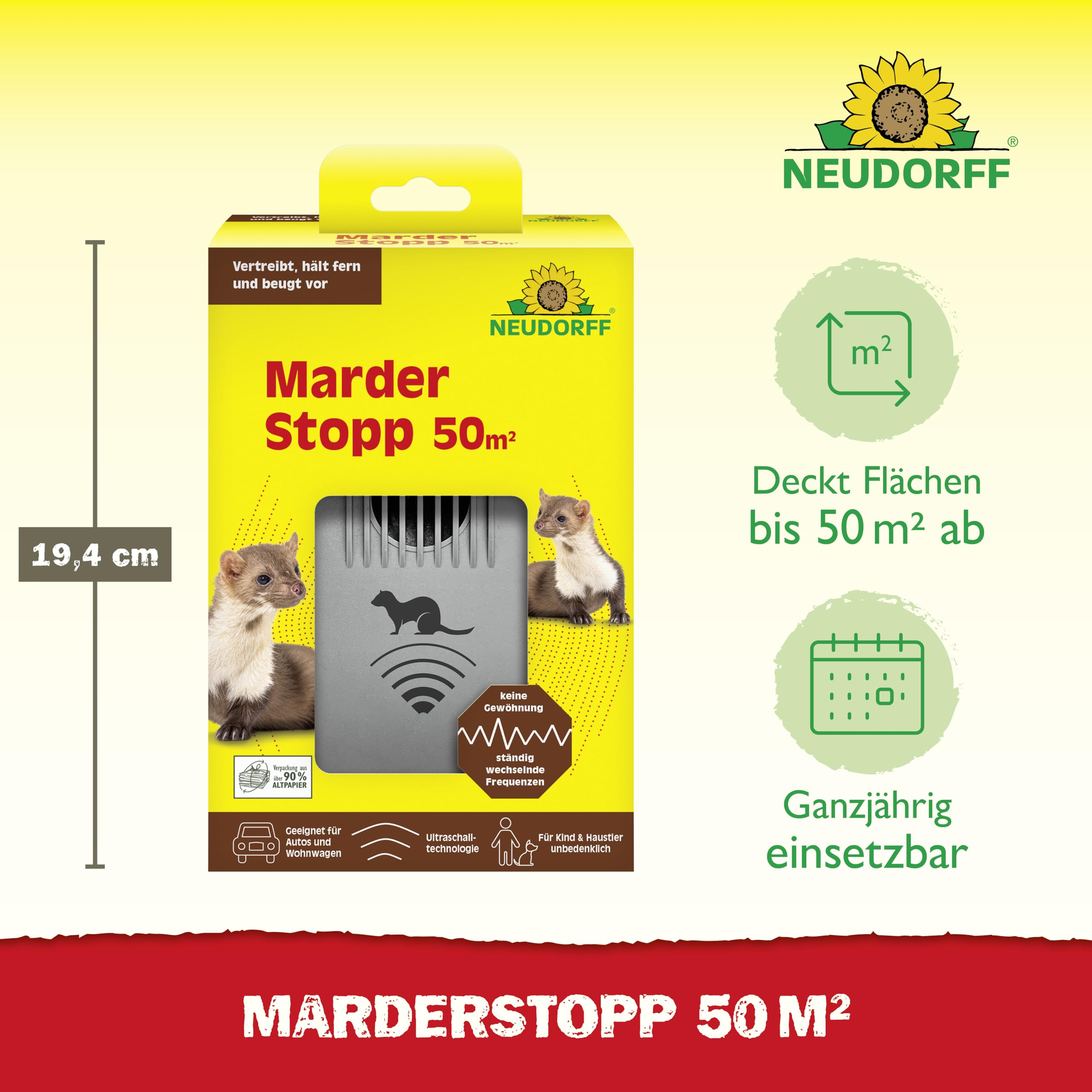 Boîte jaune Neudorff MarderStopp 50m2 avec martres, hauteur de 19,4 cm et icônes.