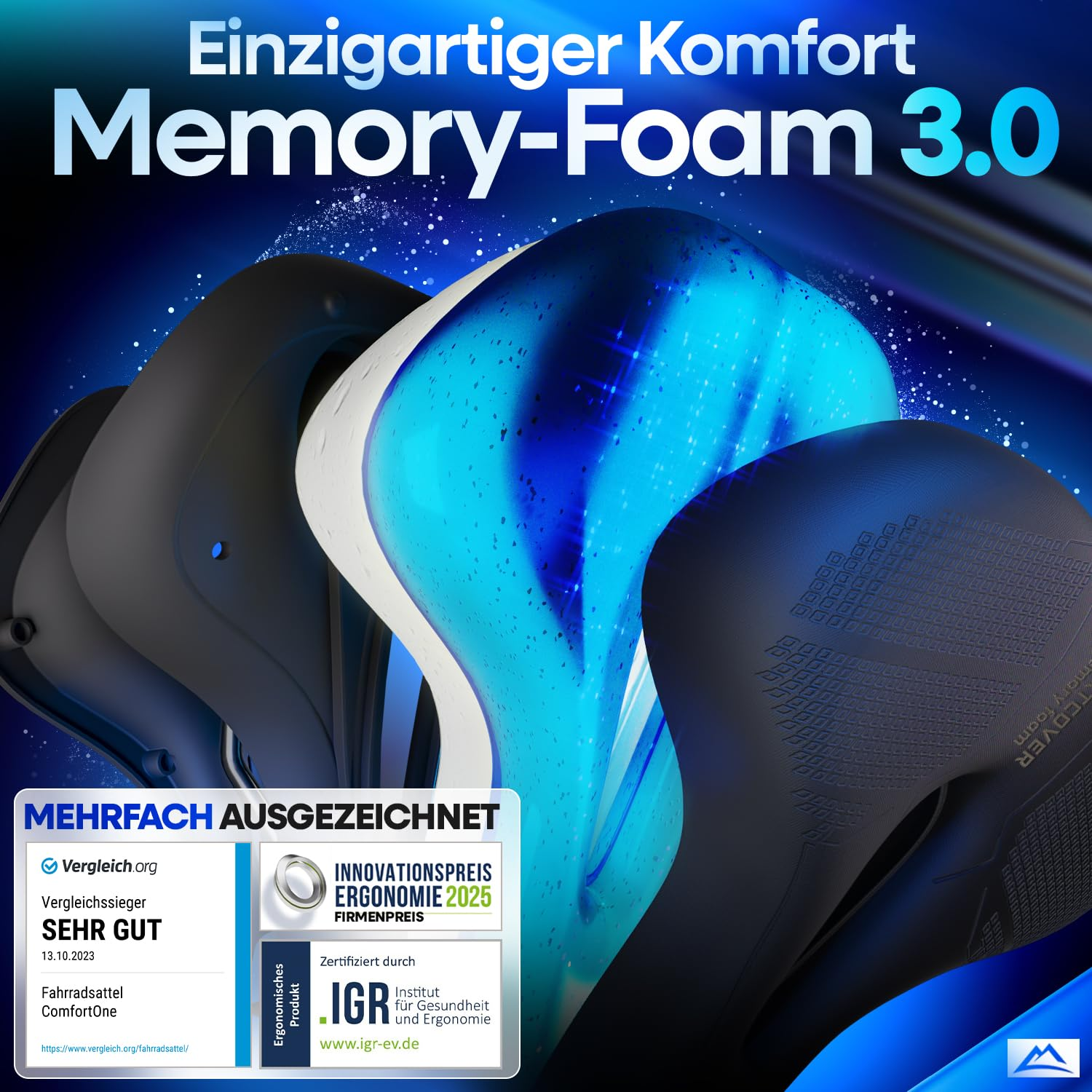 Sezione trasversale di una sella per bici in memory foam con strato di gel blu e sigilli.