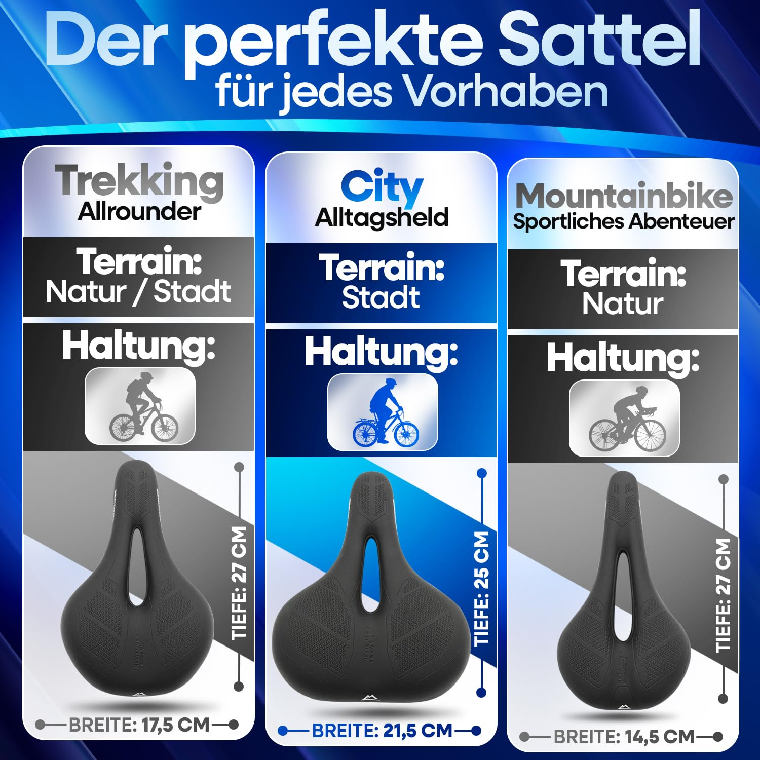 Confronto di tre selle per bicicletta: trekking, città e mountain bike con misure.