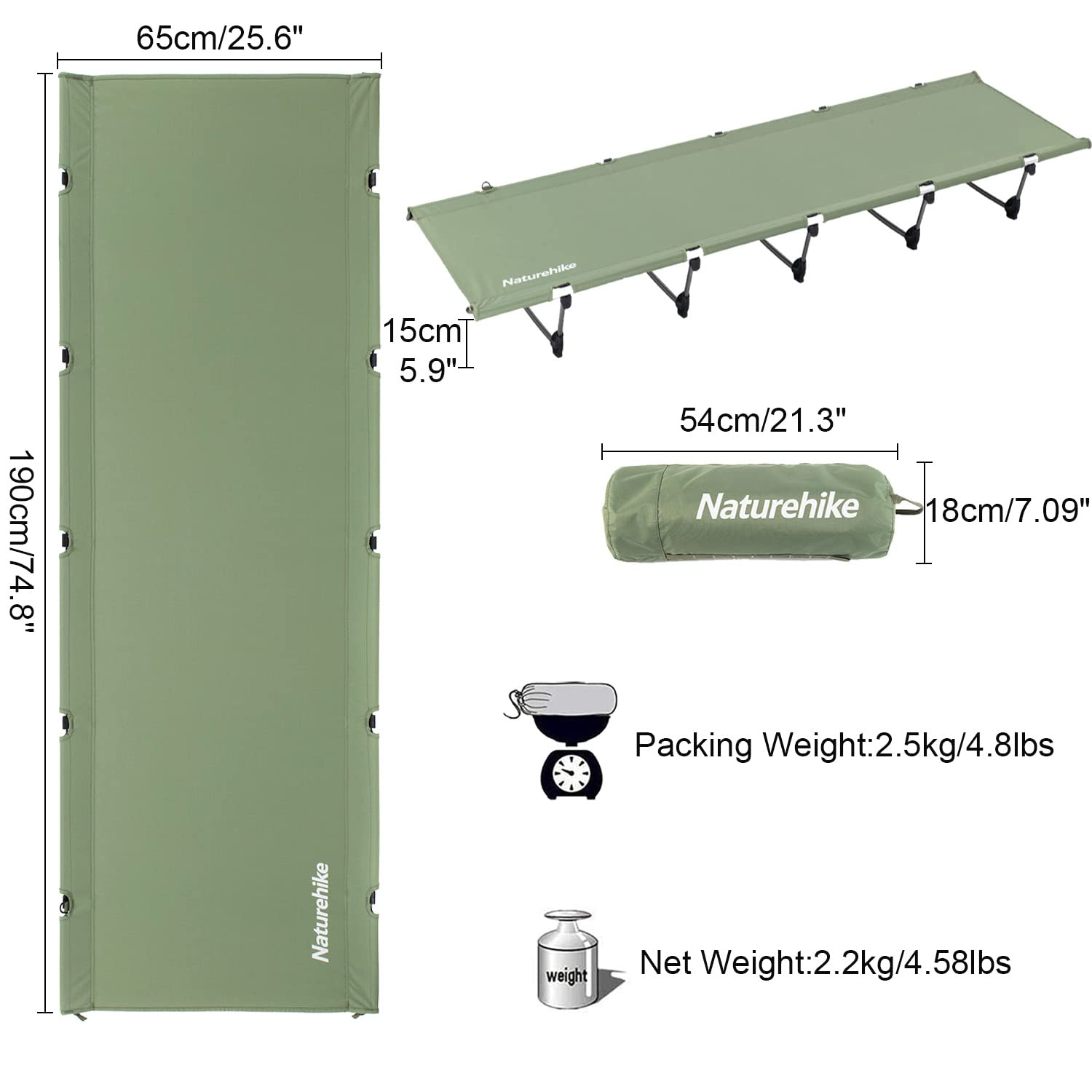 Grünes Naturehike Campingbett mit Maßen, verpackter Größe und Gewichtangaben auf weißem Hintergrund.