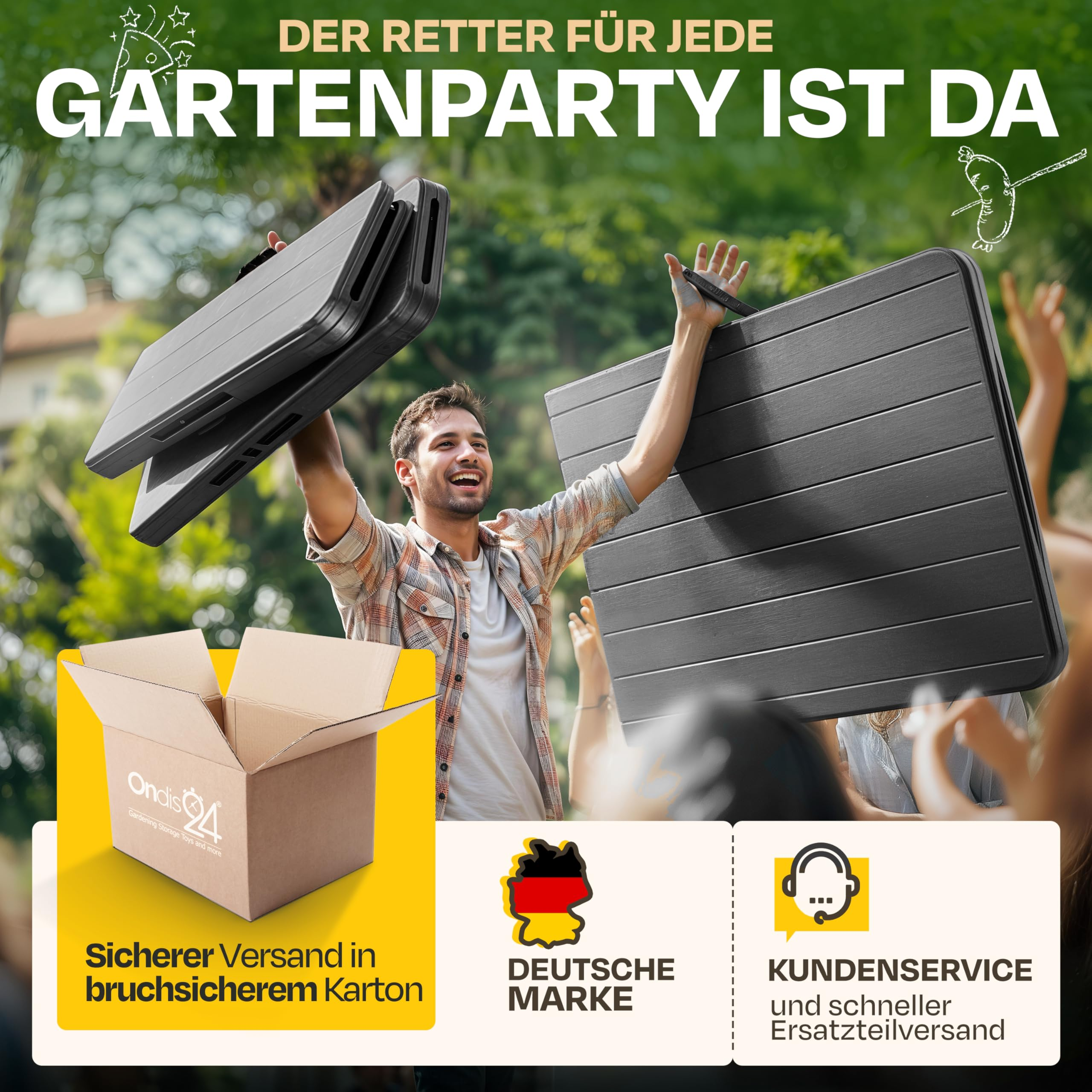 Glücklicher Mann hält gefaltete schwarze Tische im Garten hoch, umgeben von Werbetexten und einem Karton.