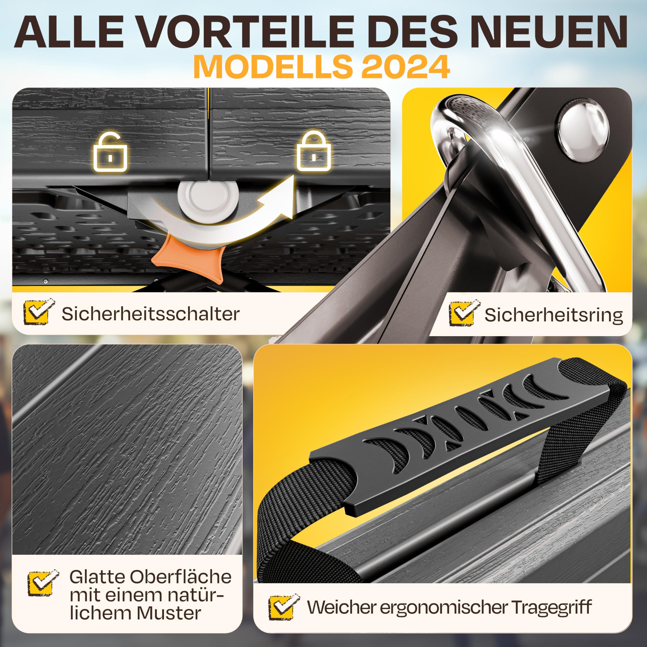 Vier Detailbilder zeigen Sicherheitsmerkmale und die Oberflächenstruktur des neuen 2024 Modells.