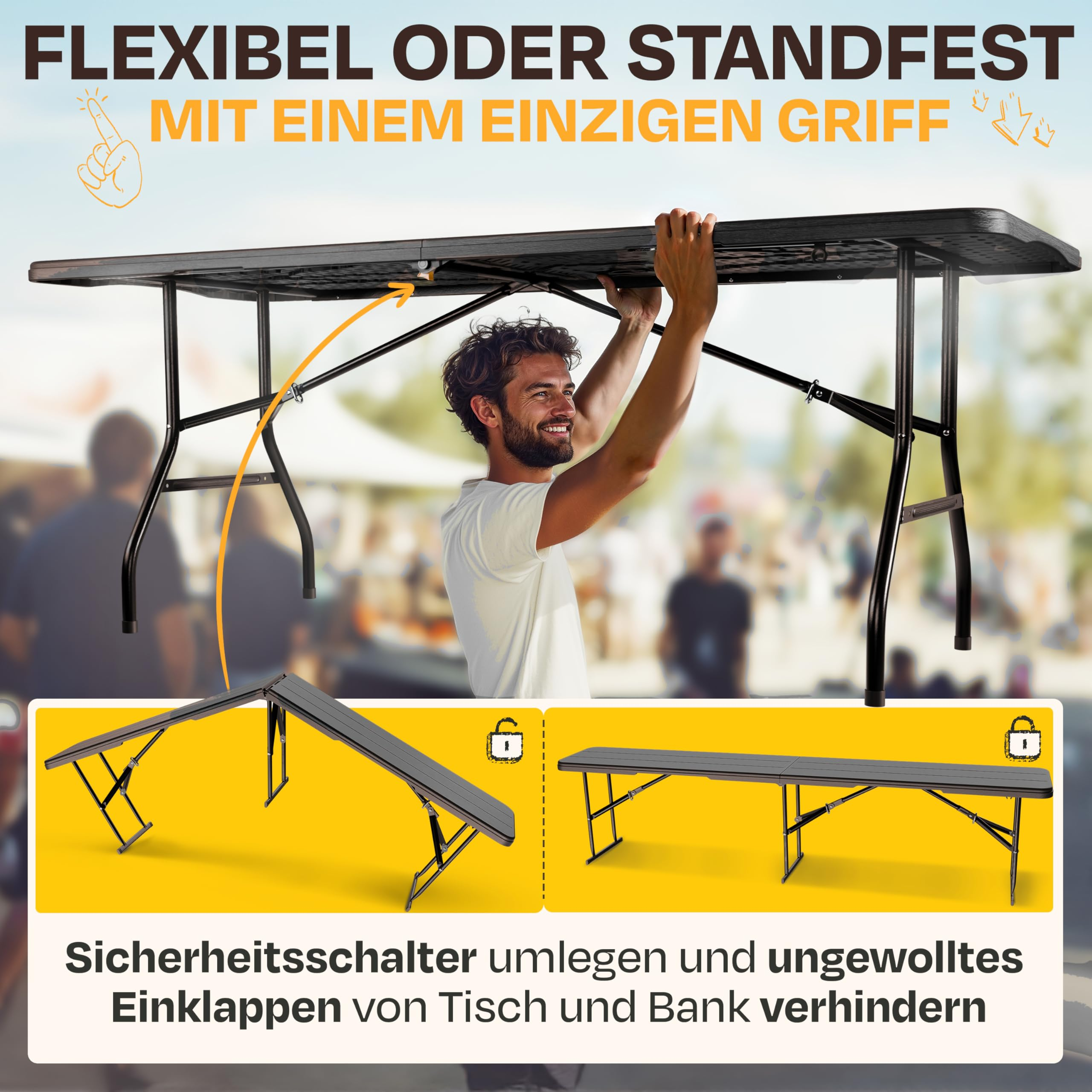 Ein Mann klappt einen schwarzen Tisch auf, mit Insets für Falt- und Rastpositionen und Text.