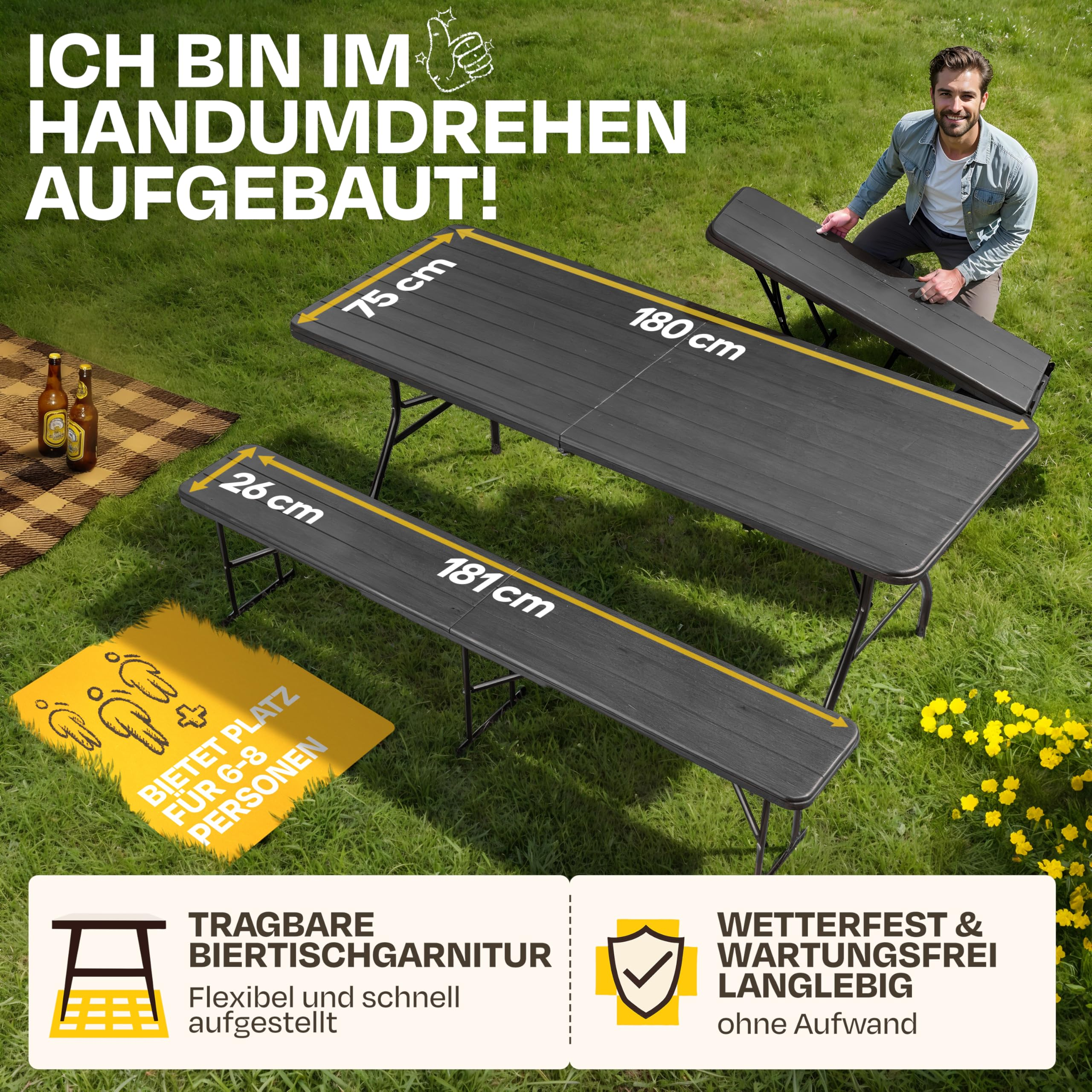 Ein Mann setzt eine schwarze Bierzapfgarnitur auf einer Wiese zusammen, mit Maßen und Textoverlays.