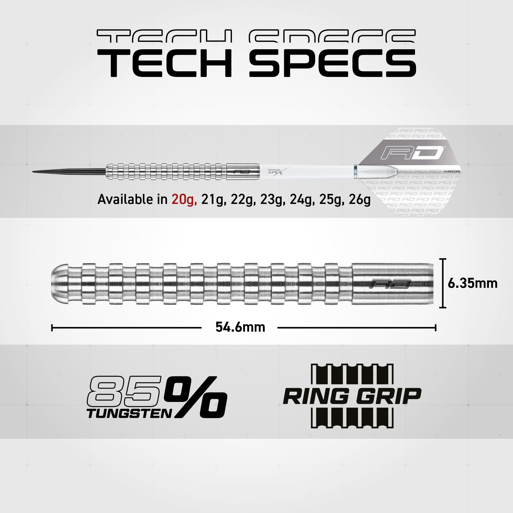 Technische Daten eines Dartpfeils: 85 % Wolfram, Ringgrip, 54,6 mm lang, 6,35 mm breit, verfügbar in 20g bis 26g.