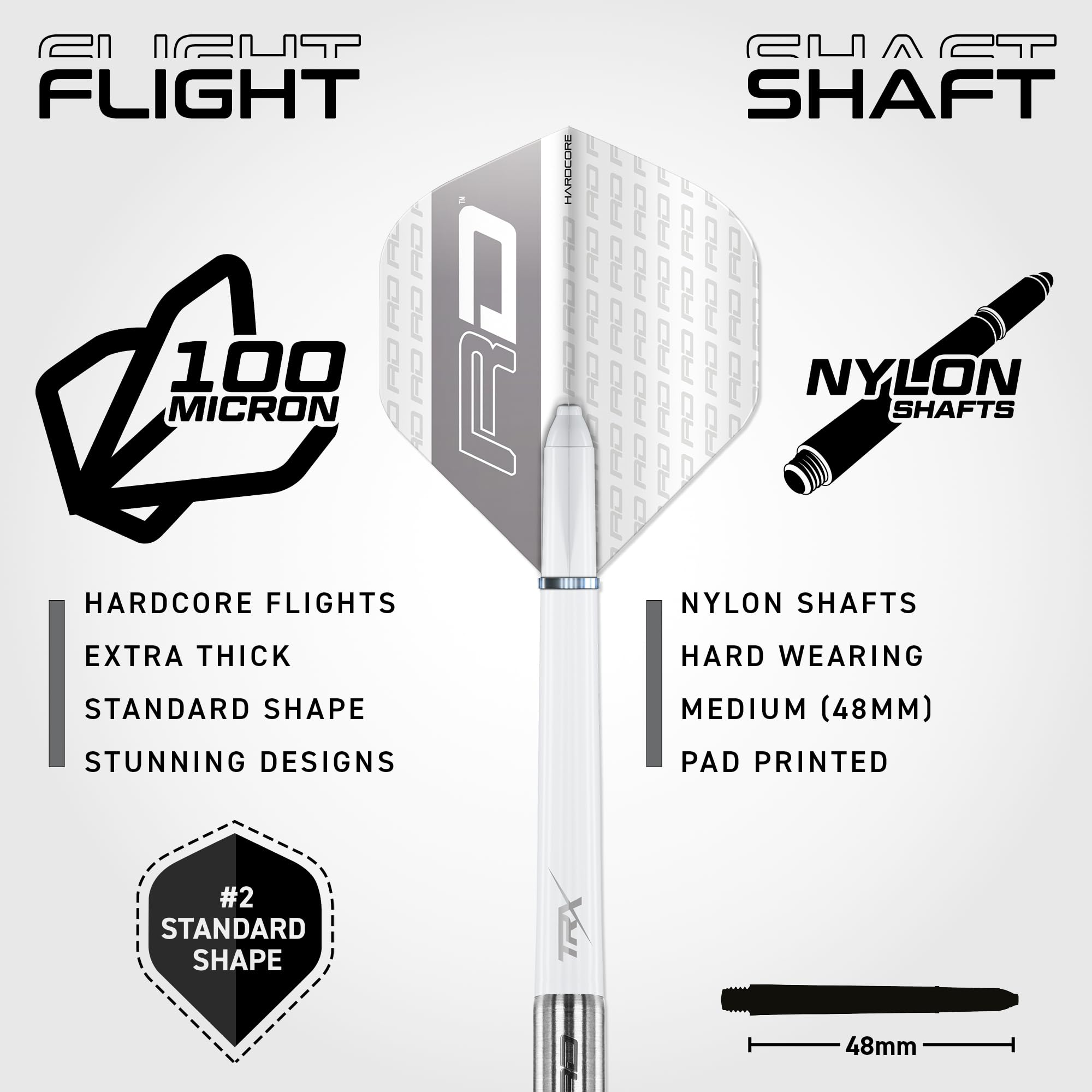 Produktwerbung für Darts mit grauem Flight, weißem Schaft, 100 Micron Dicke und nylonenen Shafts.